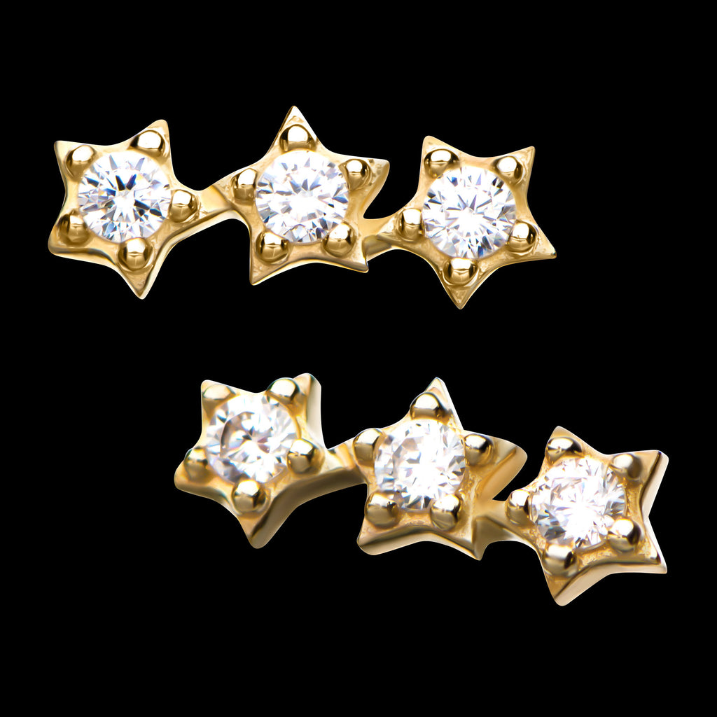Clear CZ 3-Star Cluster Flatback Stud Earring / Nosering - Clear CZ in 14Kt Yellow Gold