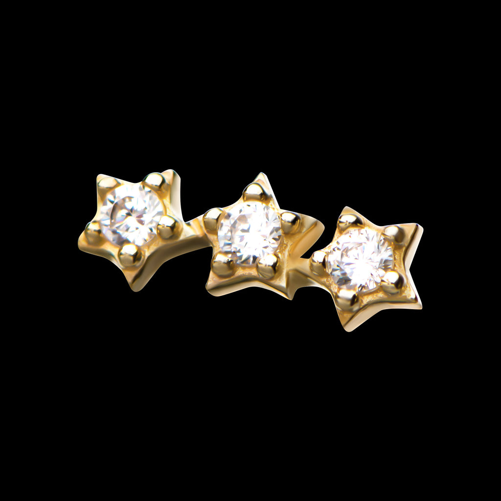 Clear CZ 3-Star Cluster Flatback Stud Earring / Nosering - Clear CZ in 14Kt Yellow Gold