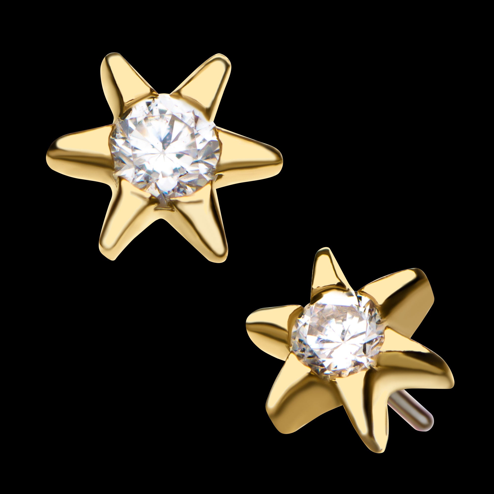 Round Clear CZ Star Flatback Stud Earring / Nosering - Clear CZ in 14Kt Yellow Gold