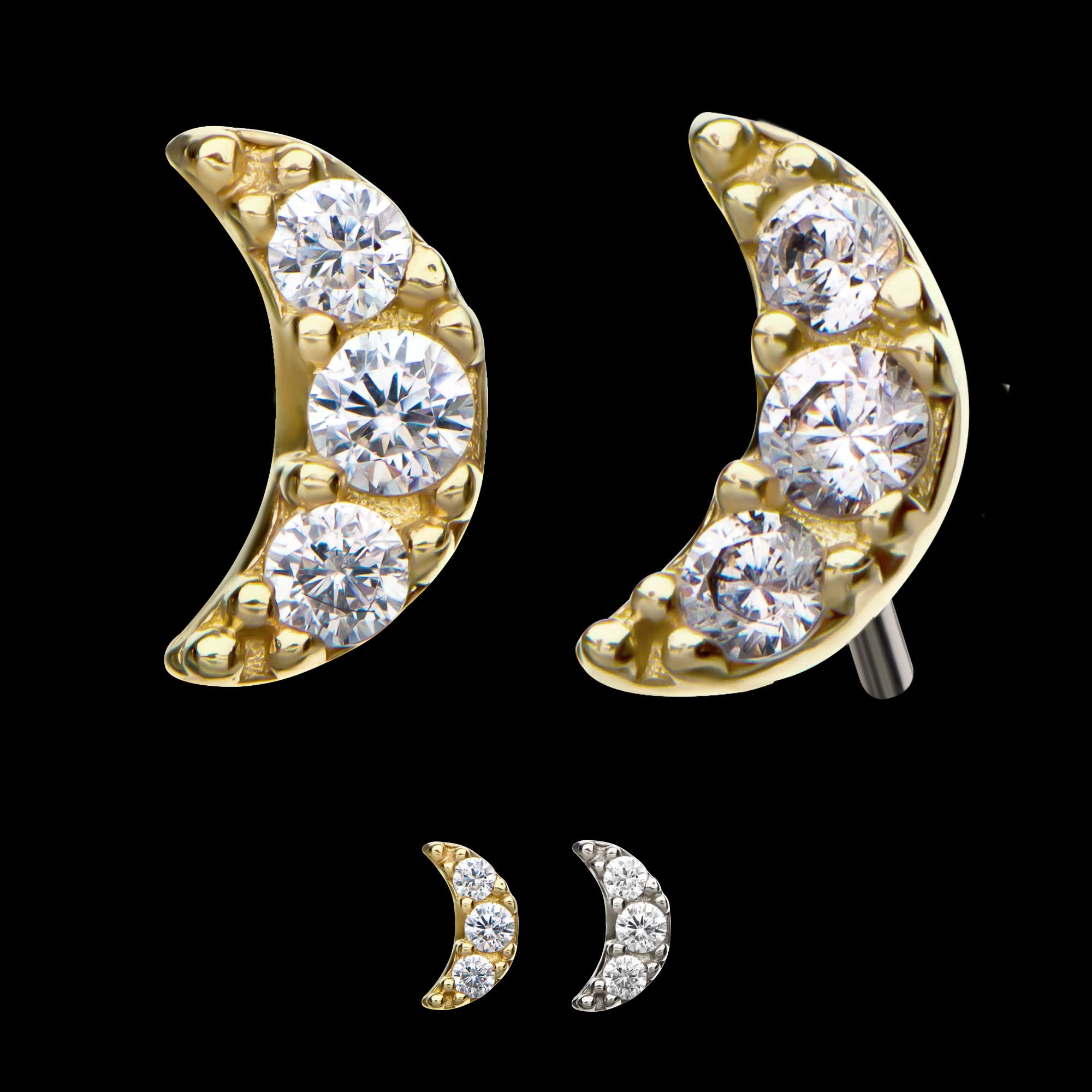 1.5mm 3-Prong Set Clear CZ Crescent Moon Flatback Stud Earring / Nosering - Clear CZ in 14Kt Gold