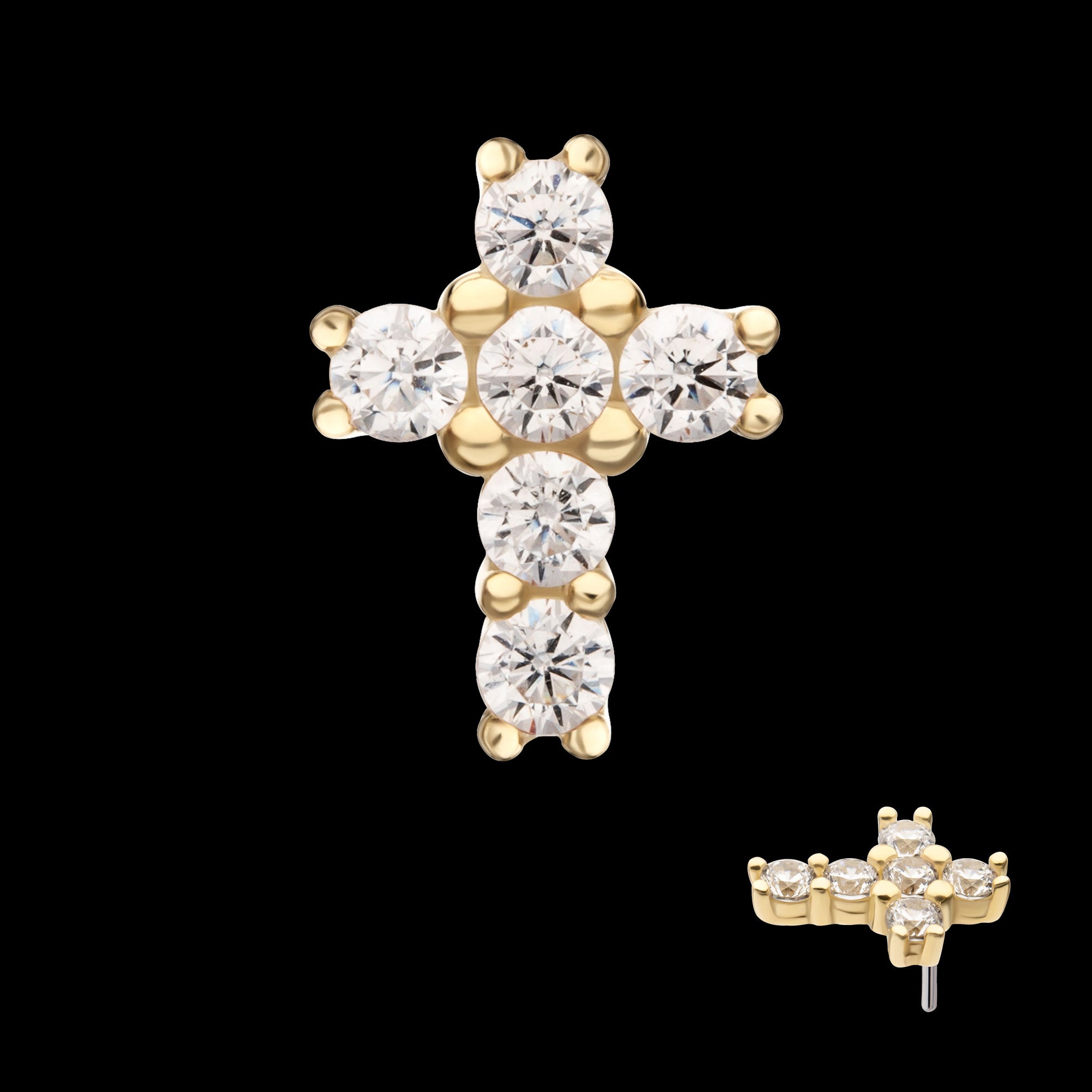 Prong Set Multi-Clear CZ Cross Flatback Stud Earring / Nosering - Clear CZ in 14Kt Yellow Gold