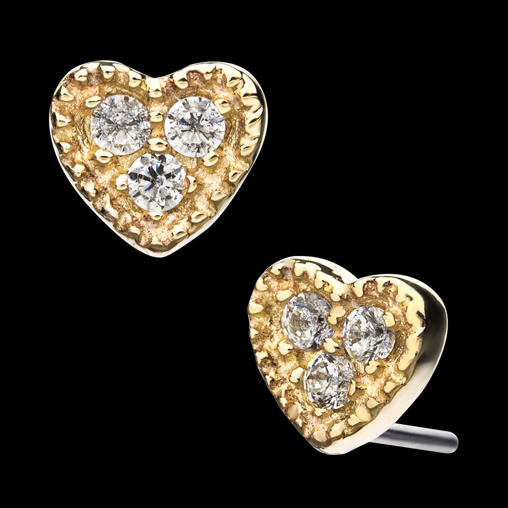 3-Clear CZ Heart Flatback Stud Earring / Nosering - Clear CZ in 14Kt Yellow Gold