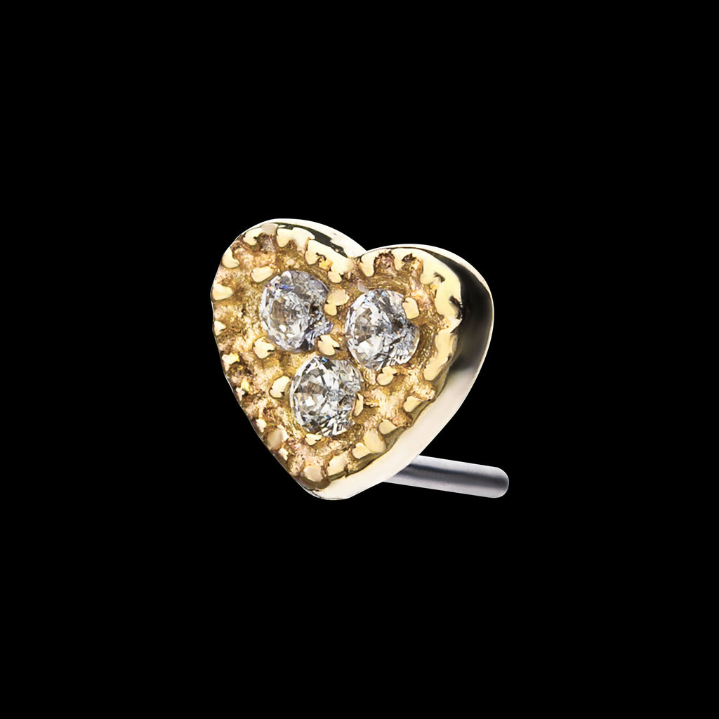 3-Clear CZ Heart Flatback Stud Earring / Nosering - Clear CZ in 14Kt Yellow Gold
