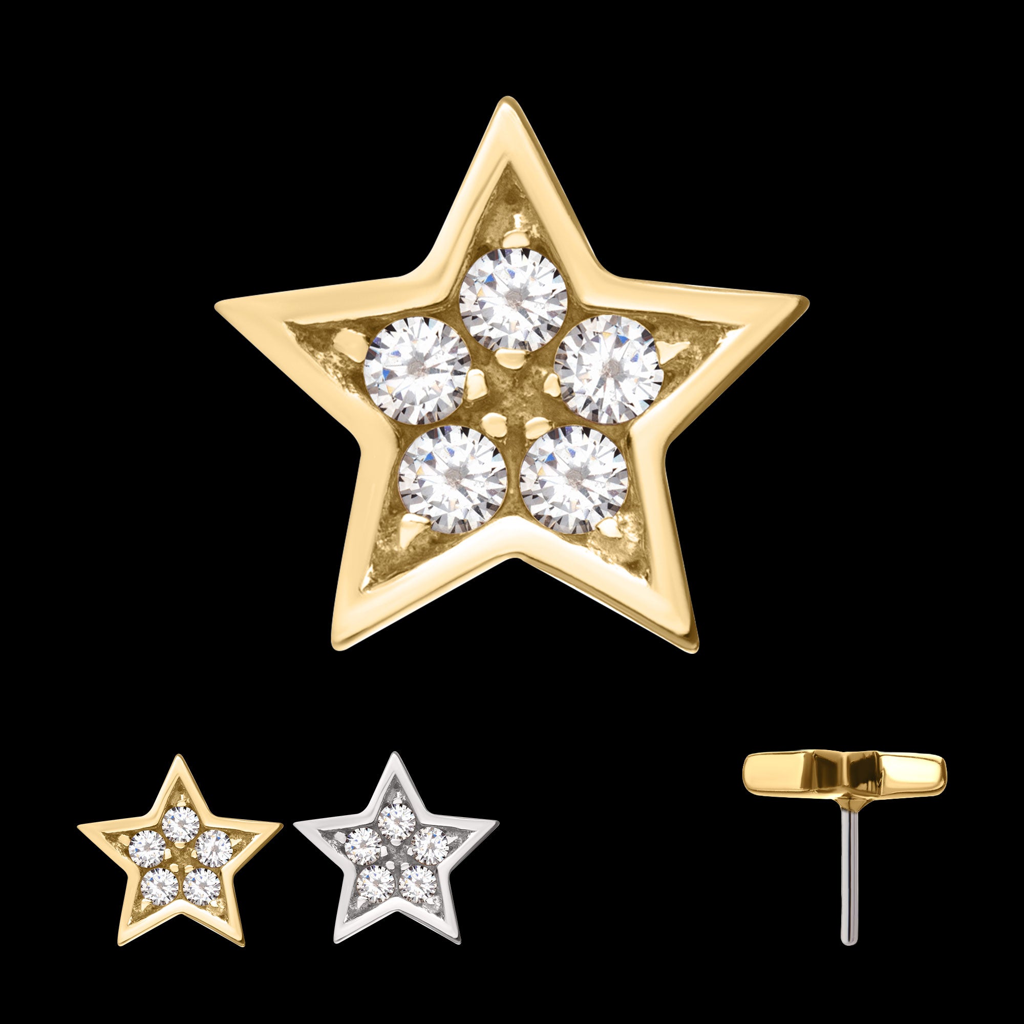 Star with Prong Set Gem Flatback Stud Earring / Nosering - Gem in 14Kt Gold