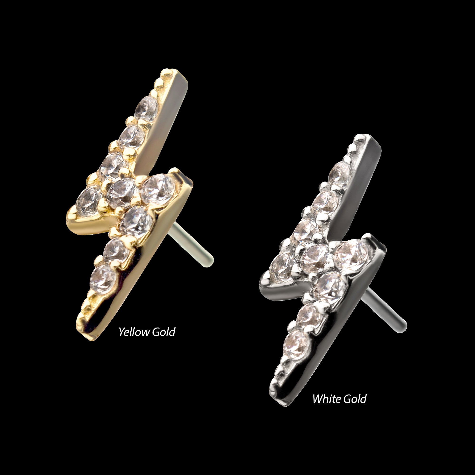 Prong Set Round Gem Lightning Bolt Flatback Stud Earring / Nosering - Gem in 14Kt Gold