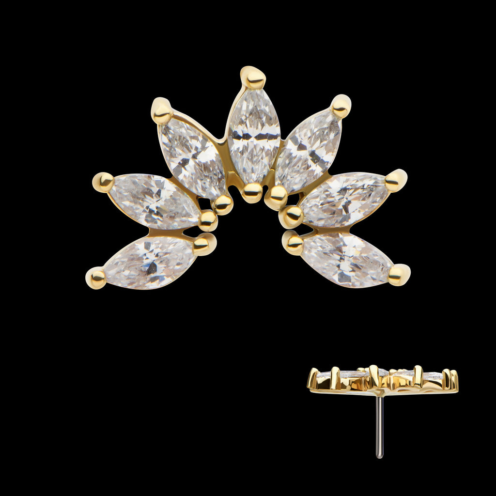 Pronged Marquise CZ Fan Shape Cluster Flatback Stud Earring / Nosering - CZ in 14Kt Yellow Gold