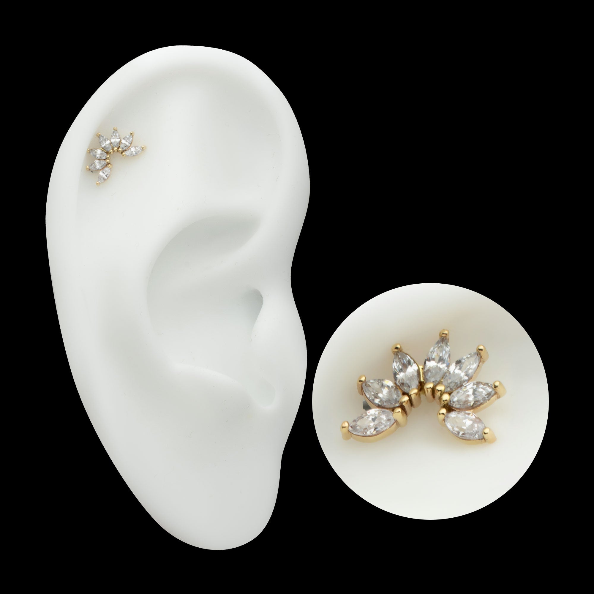 Pronged Marquise CZ Fan Shape Cluster Flatback Stud Earring / Nosering - CZ in 14Kt Yellow Gold