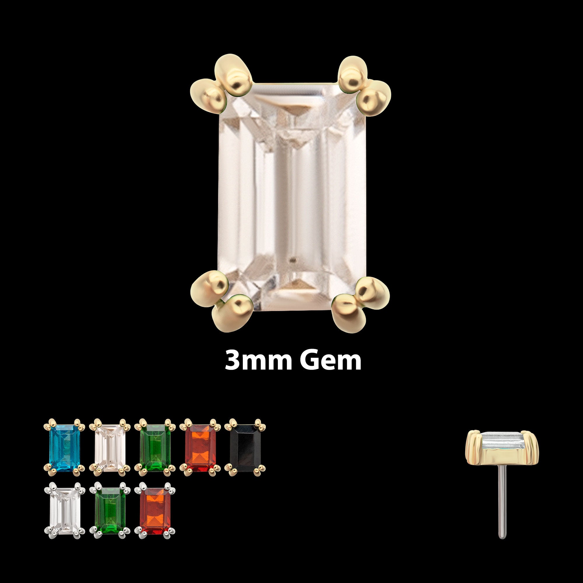 3mm Emerald Cut Prong Set Gem Flatback Stud Earring / Nosering - Gem in 14Kt Gold