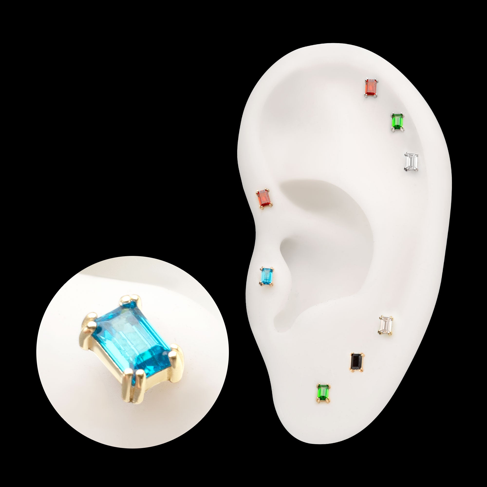 3mm Emerald Cut Prong Set Gem Flatback Stud Earring / Nosering - Gem in 14Kt Gold