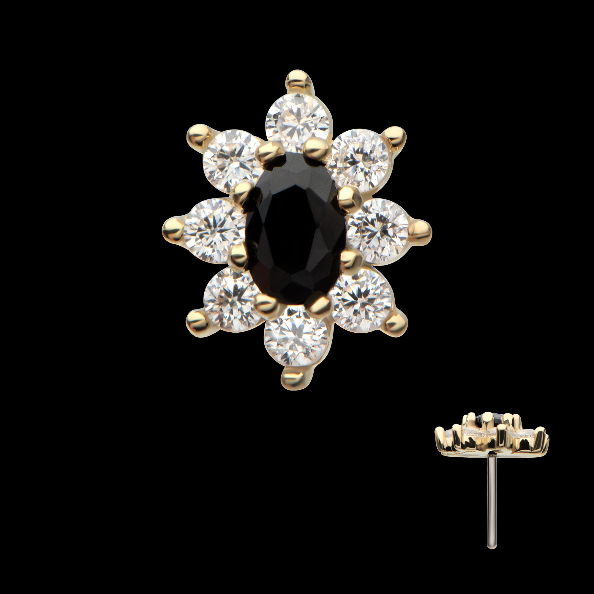 Regalia Oval CZ Gem Flower Flatback Stud Earring / Nosering - CZ in 14Kt Yellow Gold