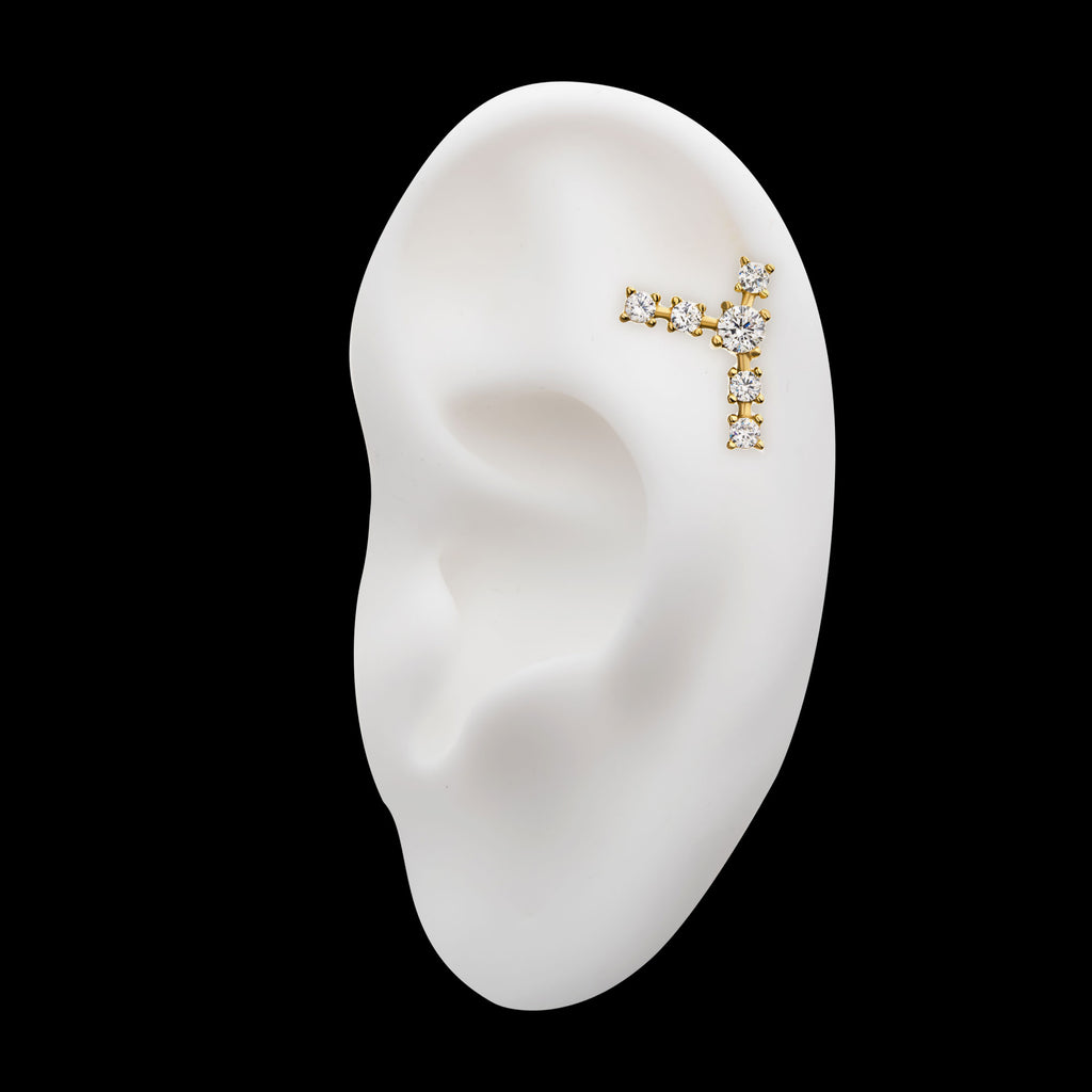Capricorn Constellation with 4mm Center Clear CZ Gem and Five 3mm Clear CZ Side Gems Flatback Stud Earring / Nosering - Clear CZ in 14Kt Yellow Gold