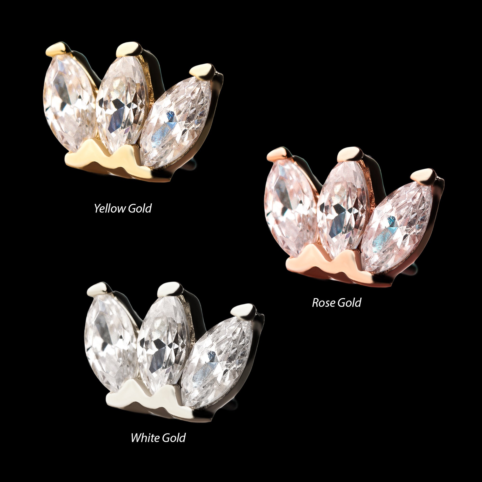 Triple Marquise Cluster s Flatback Stud Earring / Nosering - 14Kt Gold