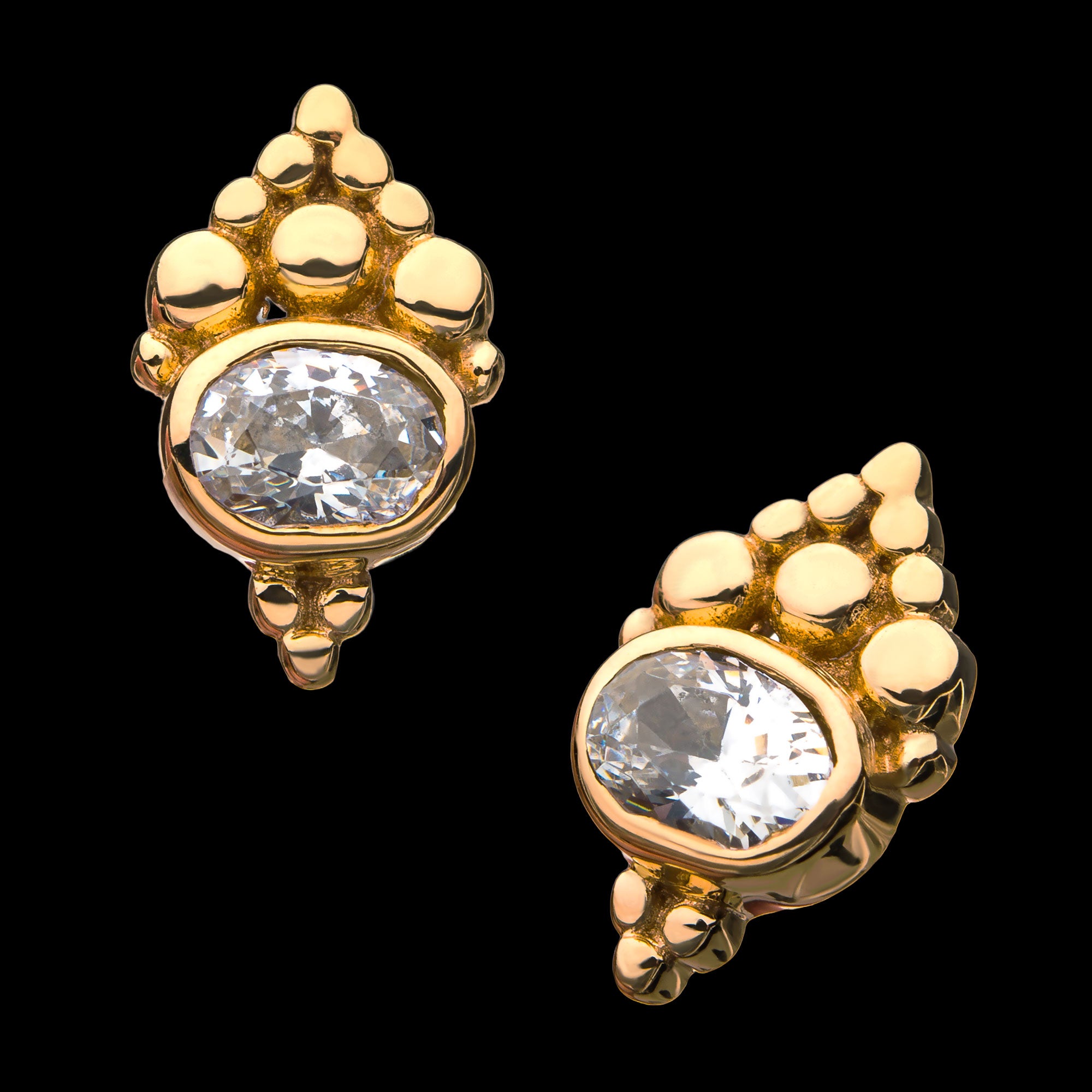 Beaded Cluster Design around 3mm Bezel Set Gem Flatback Stud Earring / Nosering - Gem in 14Kt Yellow Gold