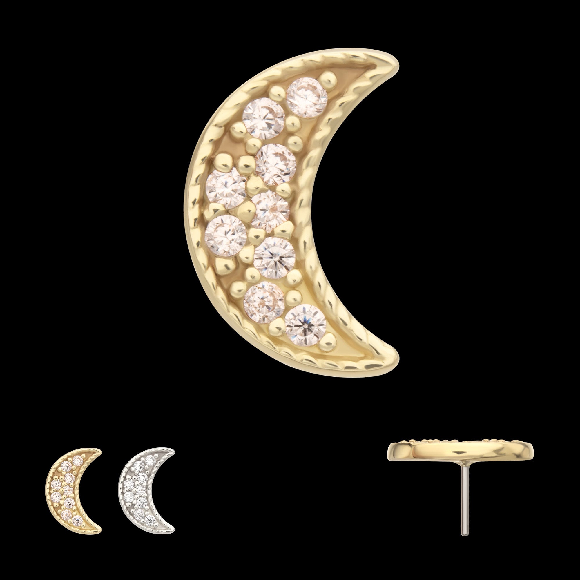 Milgrain Edge Crescent Moon with Pave CZ Gem Flatback Stud Earring / Nosering - CZ in 14Kt Gold