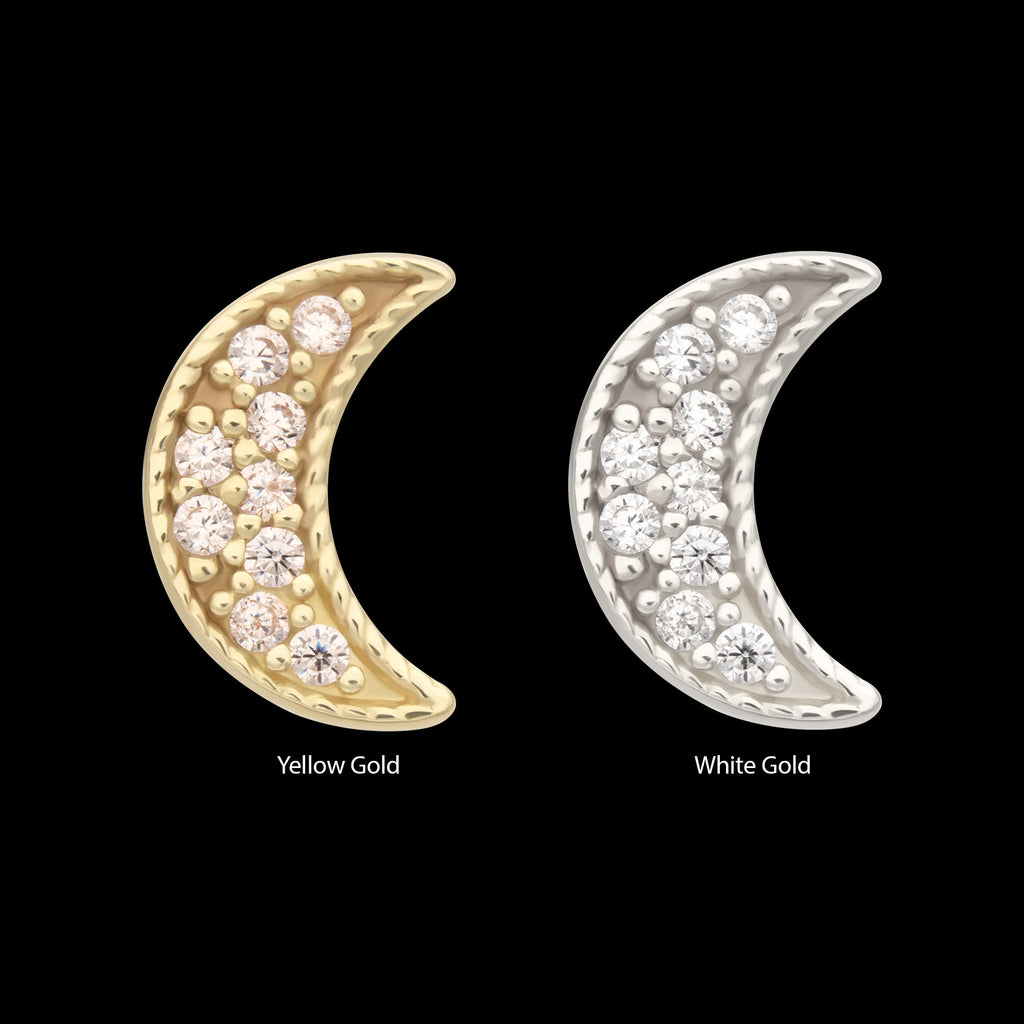 Milgrain Edge Crescent Moon with Pave CZ Gem Flatback Stud Earring / Nosering - CZ in 14Kt Gold