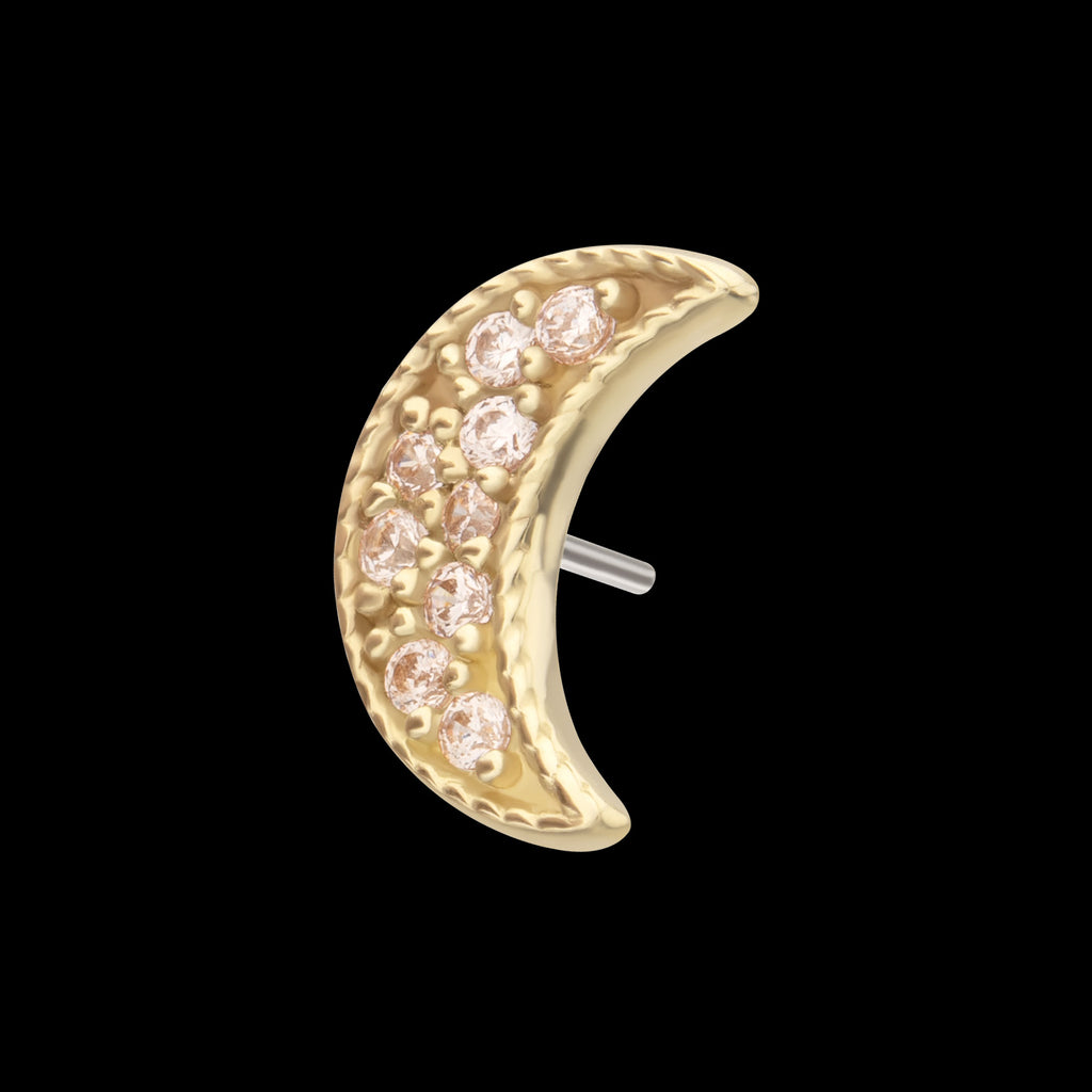 Milgrain Edge Crescent Moon with Pave CZ Gem Flatback Stud Earring / Nosering - CZ in 14Kt Gold