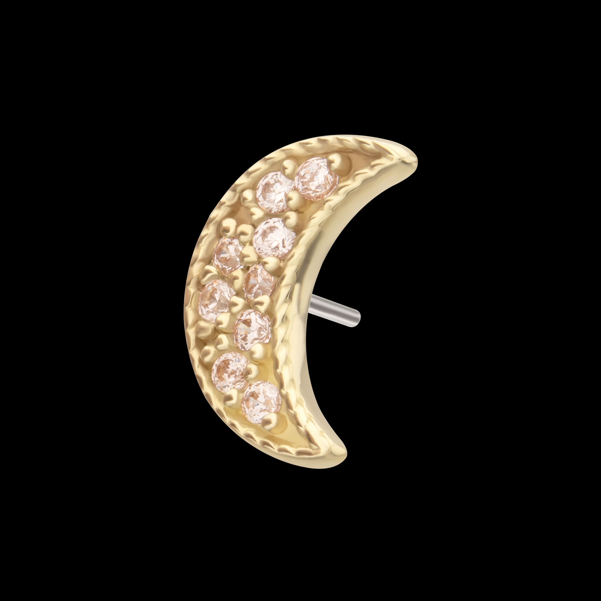 Milgrain Edge Crescent Moon with Pave CZ Gem Flatback Stud Earring / Nosering - CZ in 14Kt Gold