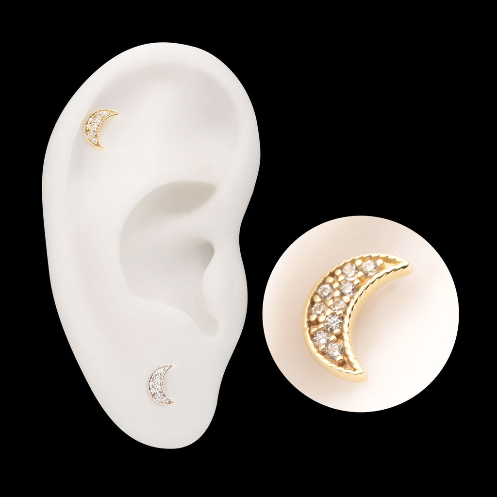 Milgrain Edge Crescent Moon with Pave CZ Gem Flatback Stud Earring / Nosering - CZ in 14Kt Gold
