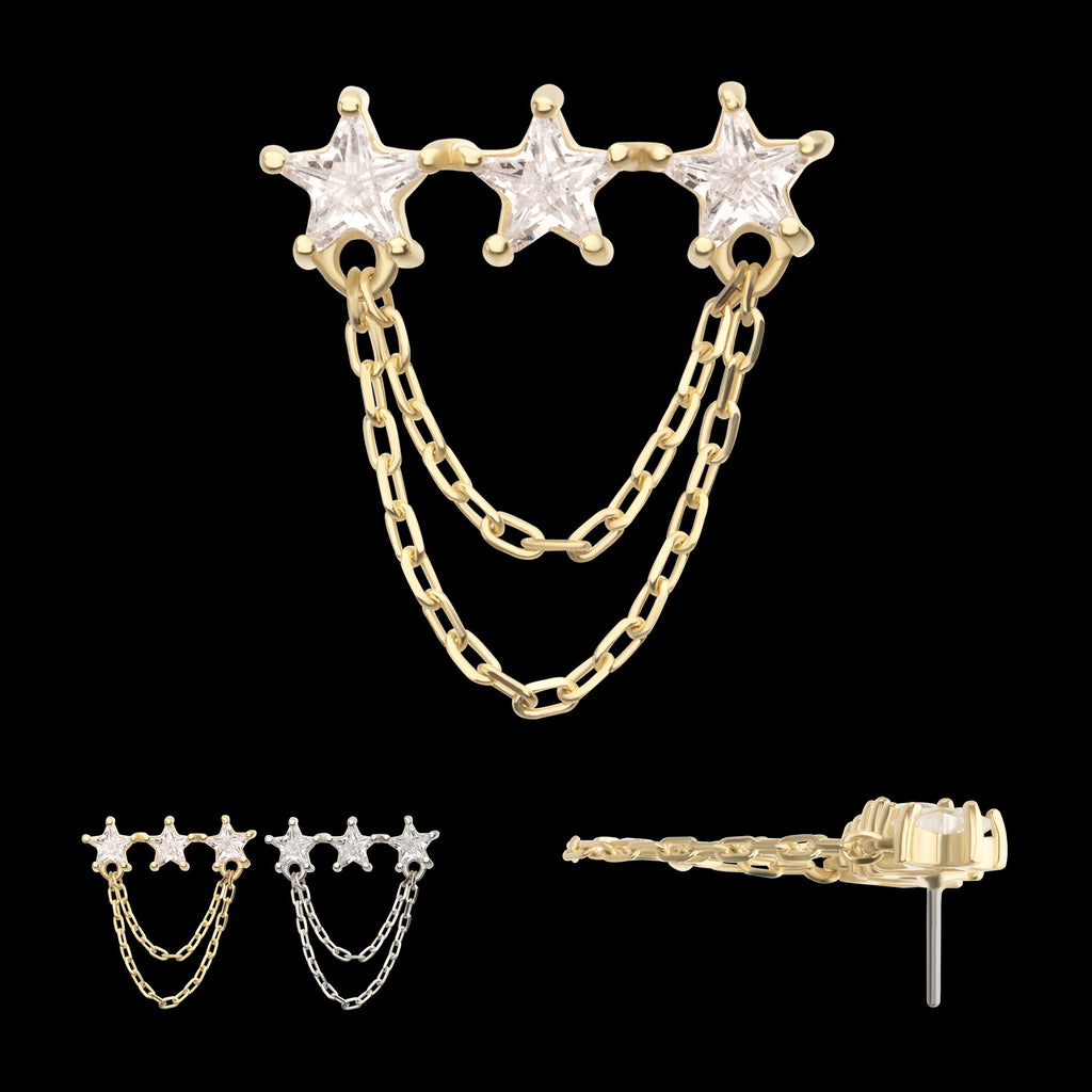 Triple Cluster Star CZ Gem with 2-Tier Chain Dangle Flatback Stud Earring / Nosering - CZ in 14Kt Gold