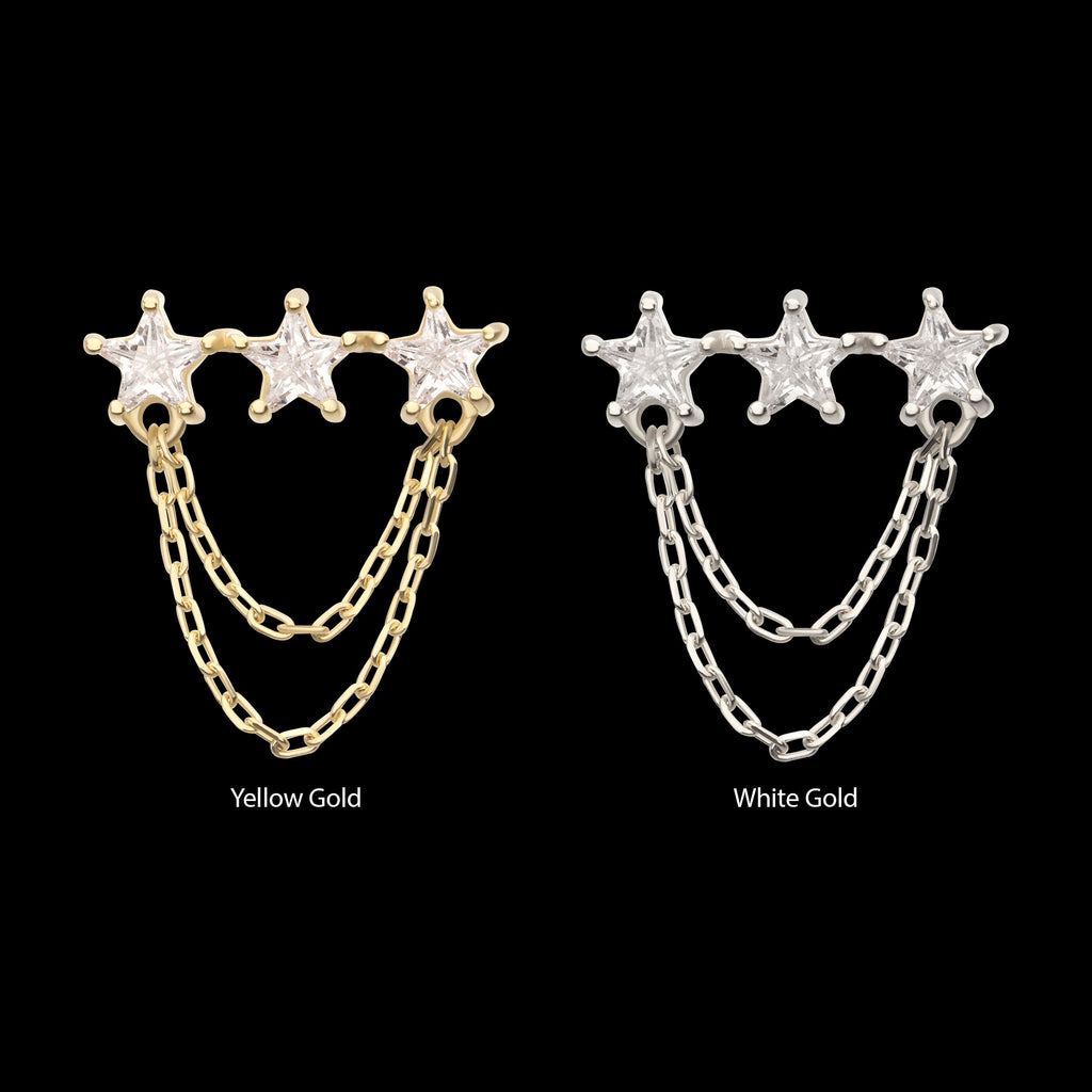 Triple Cluster Star CZ Gem with 2-Tier Chain Dangle Flatback Stud Earring / Nosering - CZ in 14Kt Gold