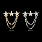 Triple Cluster Star CZ Gem with 2-Tier Chain Dangle Flatback Stud Earring / Nosering - CZ in 14Kt Gold