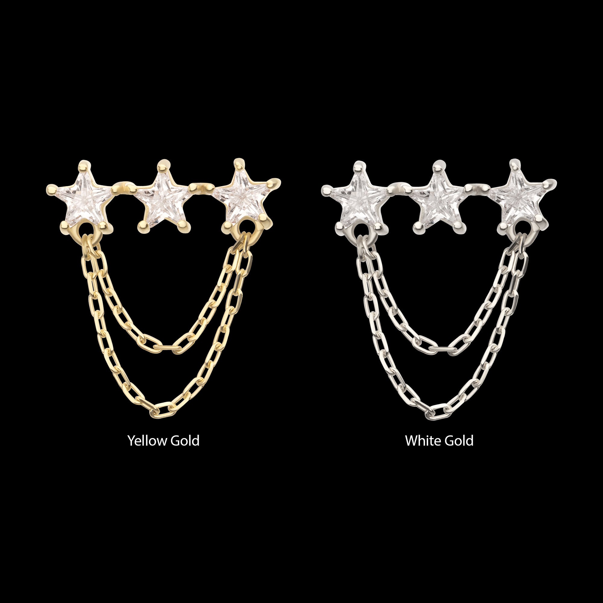 Triple Cluster Star CZ Gem with 2-Tier Chain Dangle Flatback Stud Earring / Nosering - CZ in 14Kt Gold