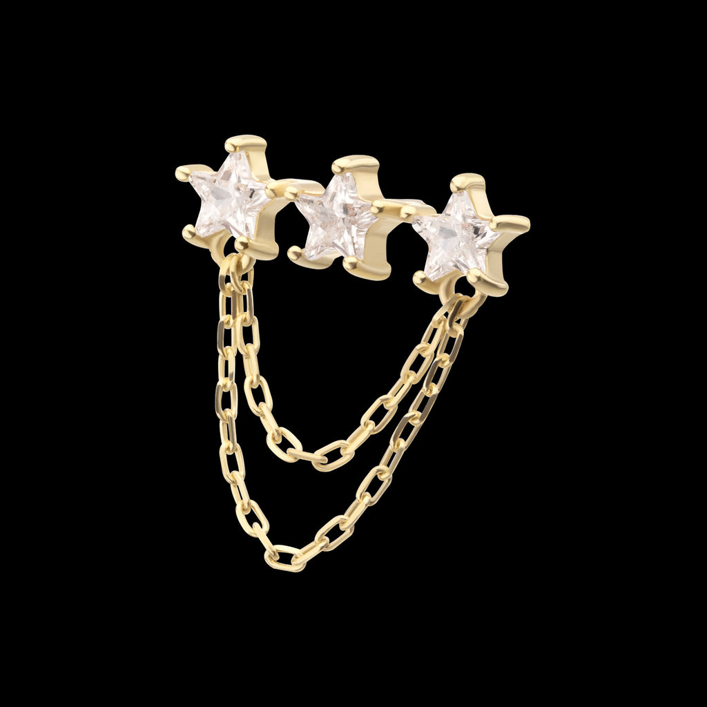 Triple Cluster Star CZ Gem with 2-Tier Chain Dangle Flatback Stud Earring / Nosering - CZ in 14Kt Gold