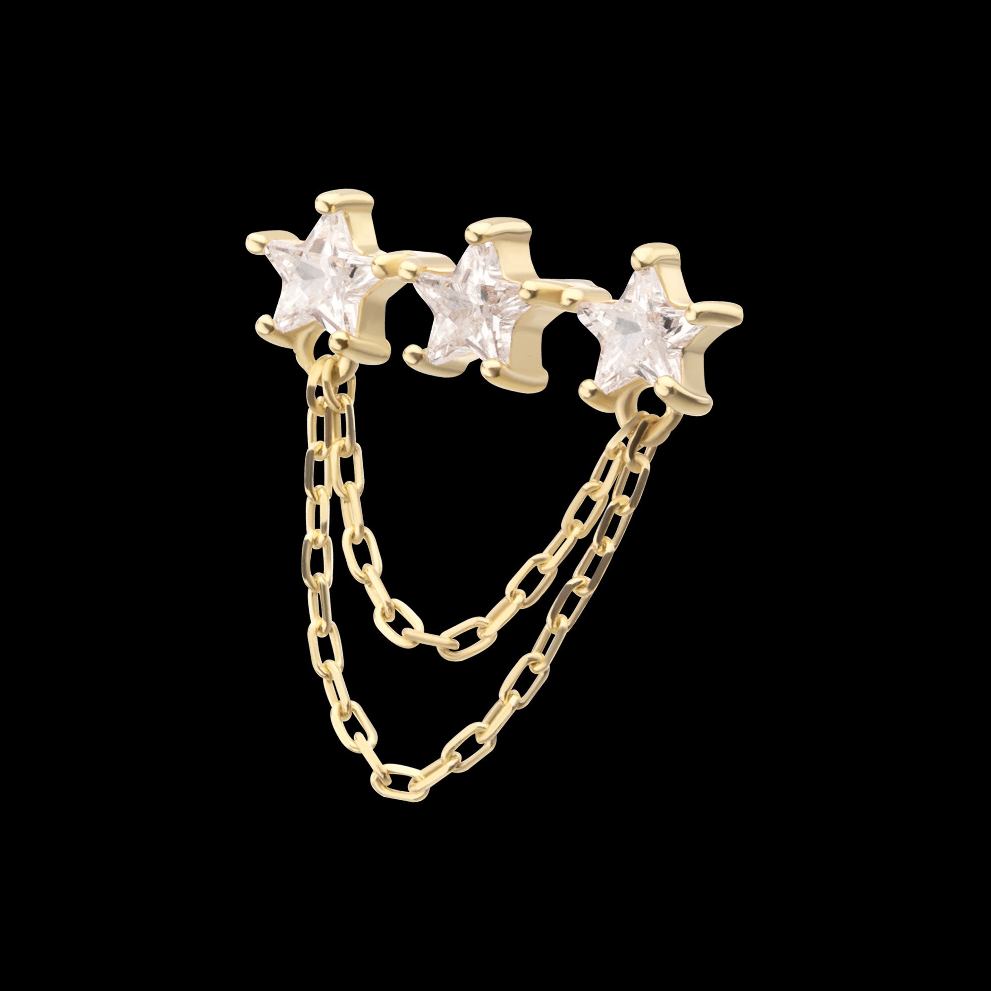 Triple Cluster Star CZ Gem with 2-Tier Chain Dangle Flatback Stud Earring / Nosering - CZ in 14Kt Gold