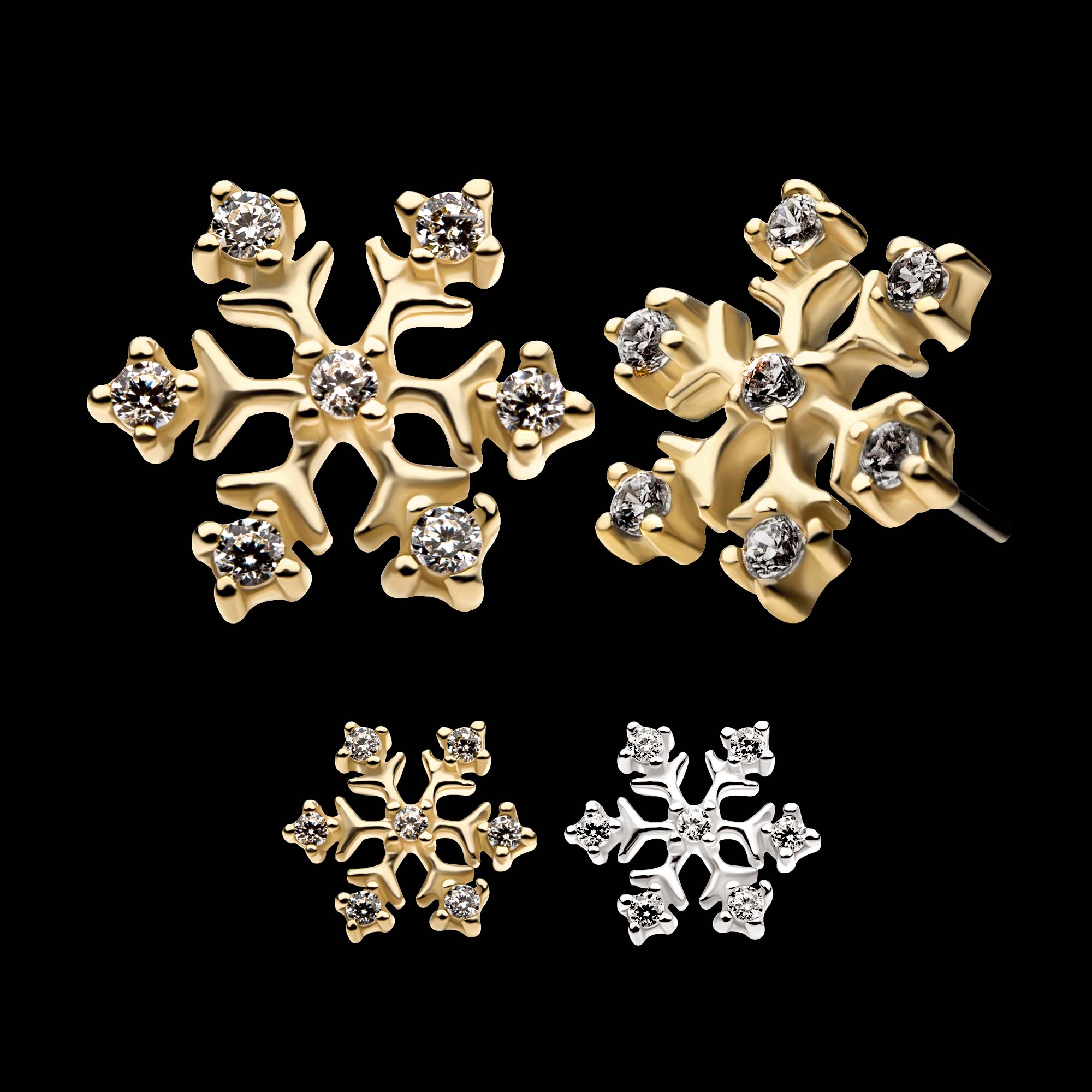 7 4-Prong Set Round Clear CZ Snowflake Flatback Stud Earring / Nosering - Clear CZ in 14Kt Gold