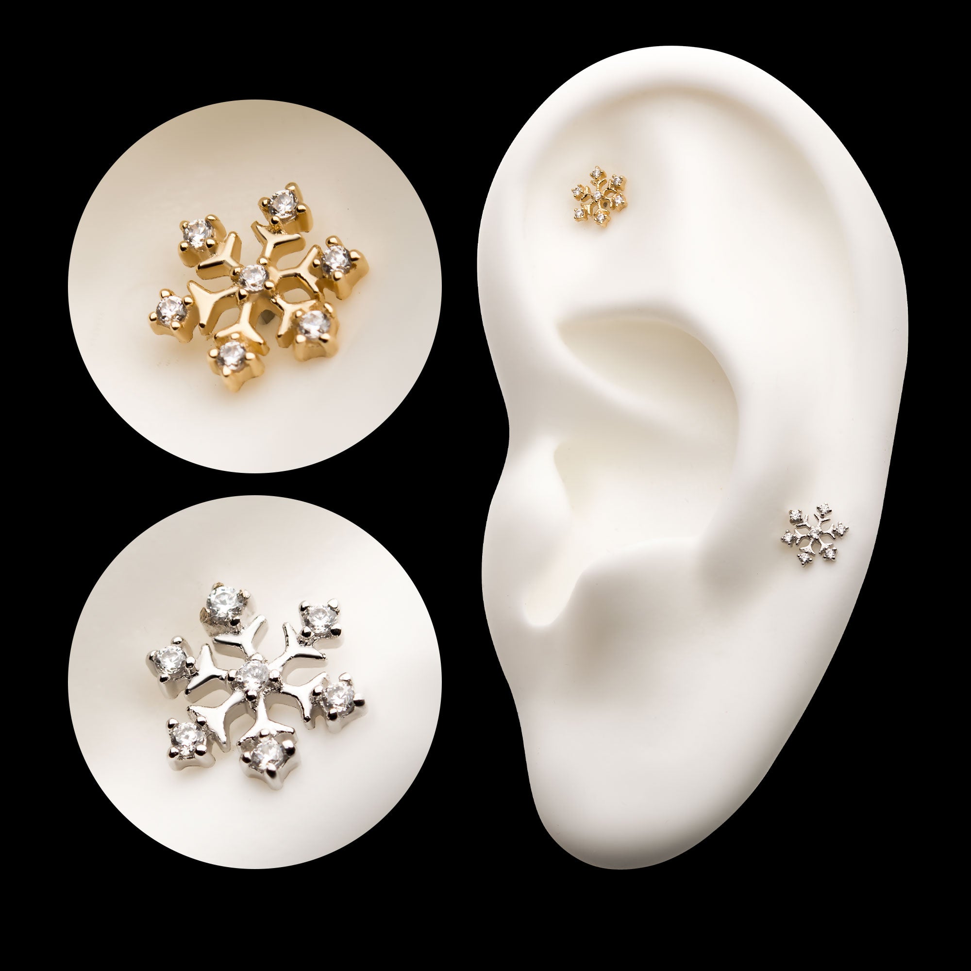 7 4-Prong Set Round Clear CZ Snowflake Flatback Stud Earring / Nosering - Clear CZ in 14Kt Gold