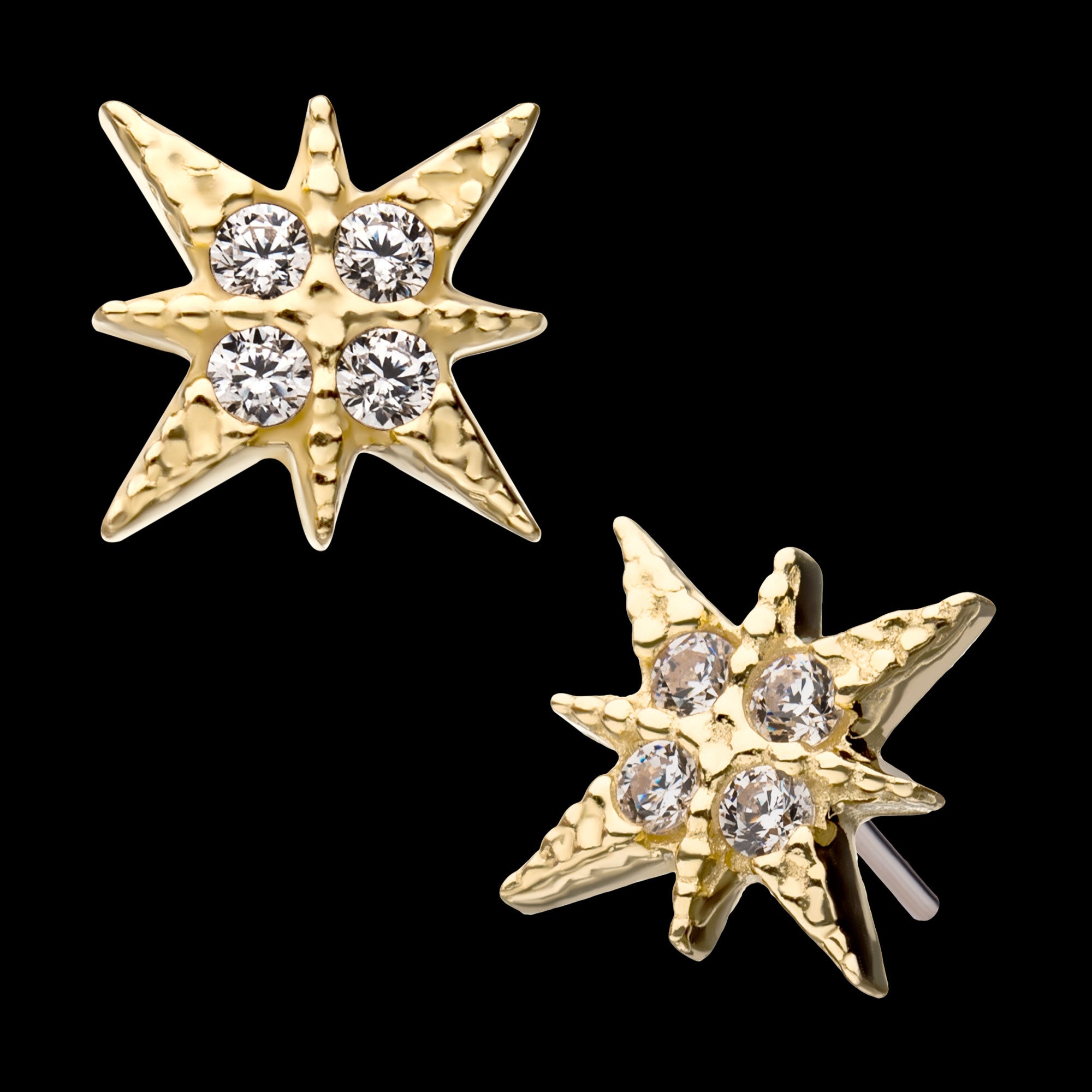 4-Clear Gem 8-Point Star Flatback Stud Earring / Nosering - Gem in 14Kt Yellow Gold