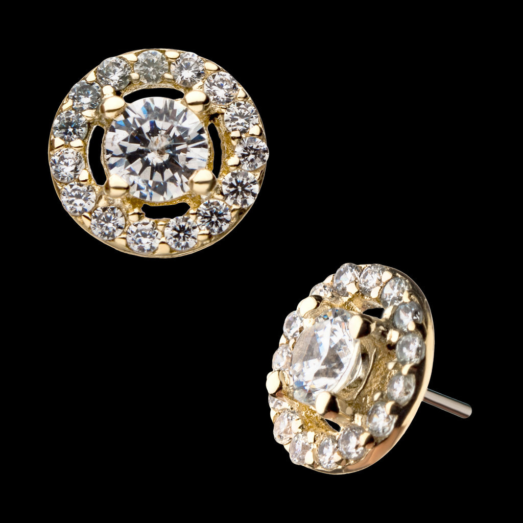 Multi-Prong Set Clear Gem Cut Out Circle Flatback Stud Earring / Nosering - Gem in 14Kt Yellow Gold