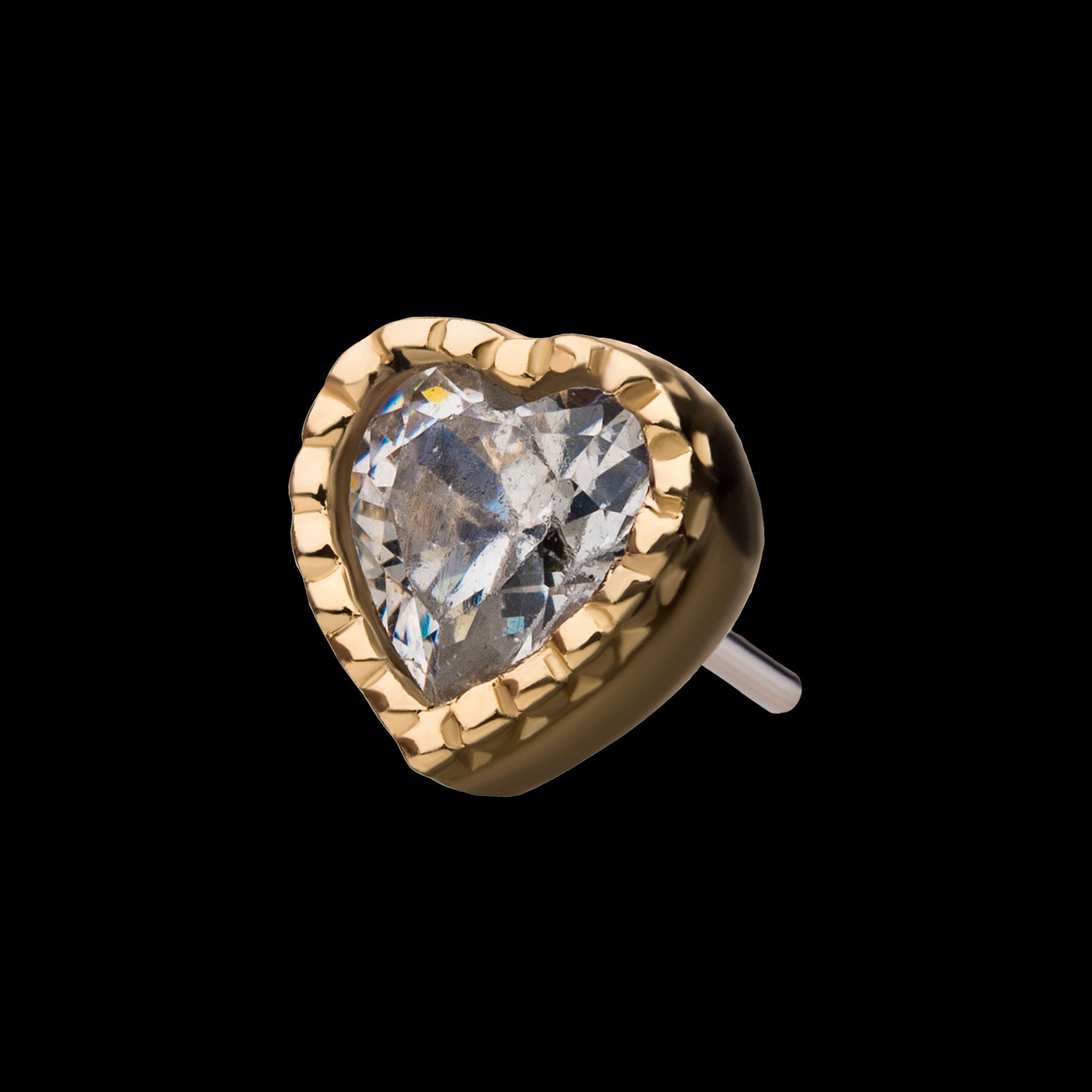 Clear Gem and Beads Heart Flatback Stud Earring / Nosering - Gem in 14Kt Yellow Gold