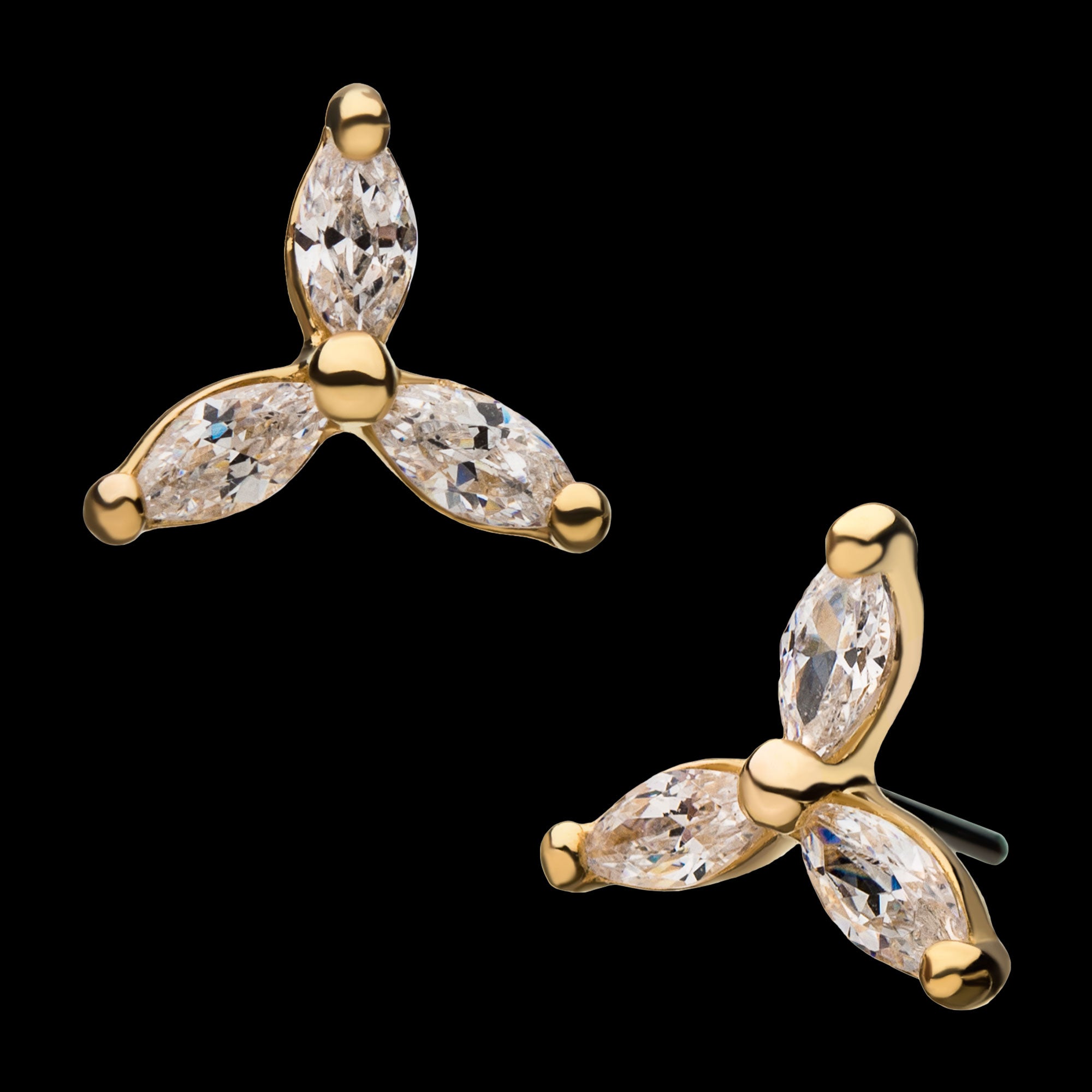 Pronged Marquise CZ Trinity Flatback Stud Earring / Nosering - CZ in 14Kt Yellow Gold