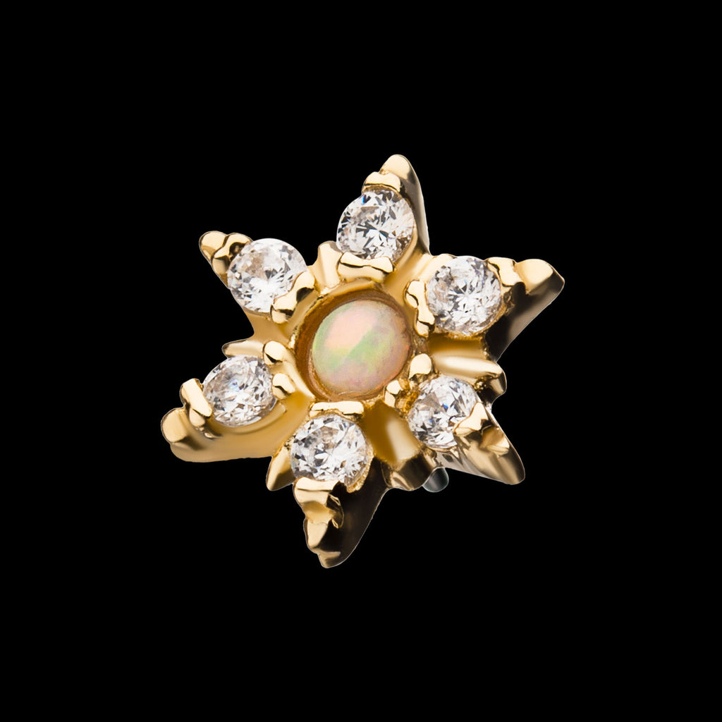 Clear CZ and White Synthetic Opal 6-Point Star Flatback Stud Earring / Nosering - Synthetic Opal & Clear CZ & Opal in 14Kt Yellow Gold