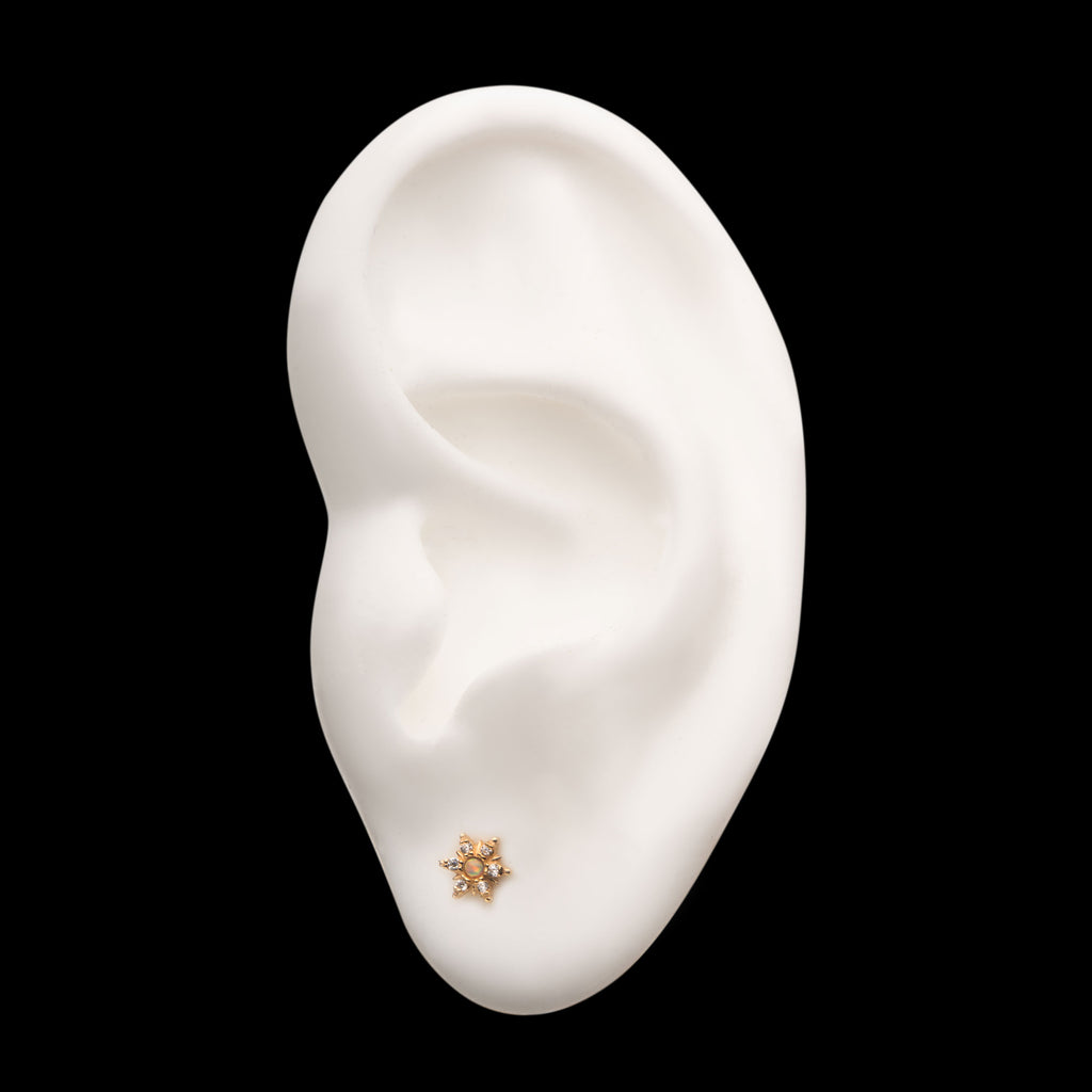 Clear CZ and White Synthetic Opal 6-Point Star Flatback Stud Earring / Nosering - Synthetic Opal & Clear CZ & Opal in 14Kt Yellow Gold