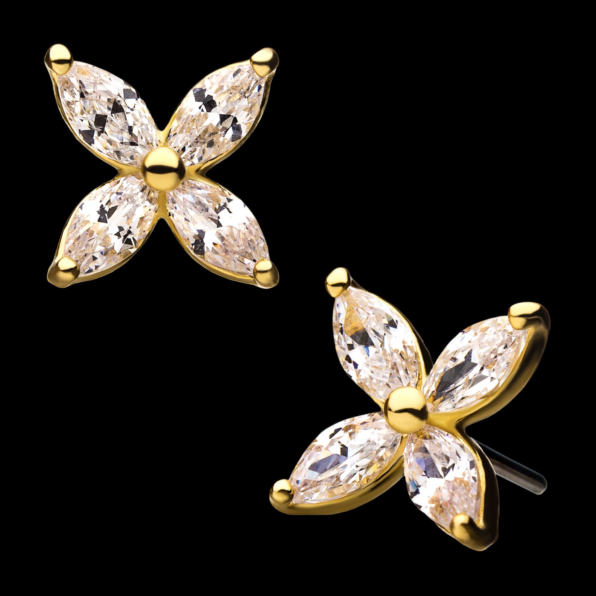 4-Clear Gem Flower Flatback Stud Earring / Nosering - Gem in 14Kt Yellow Gold