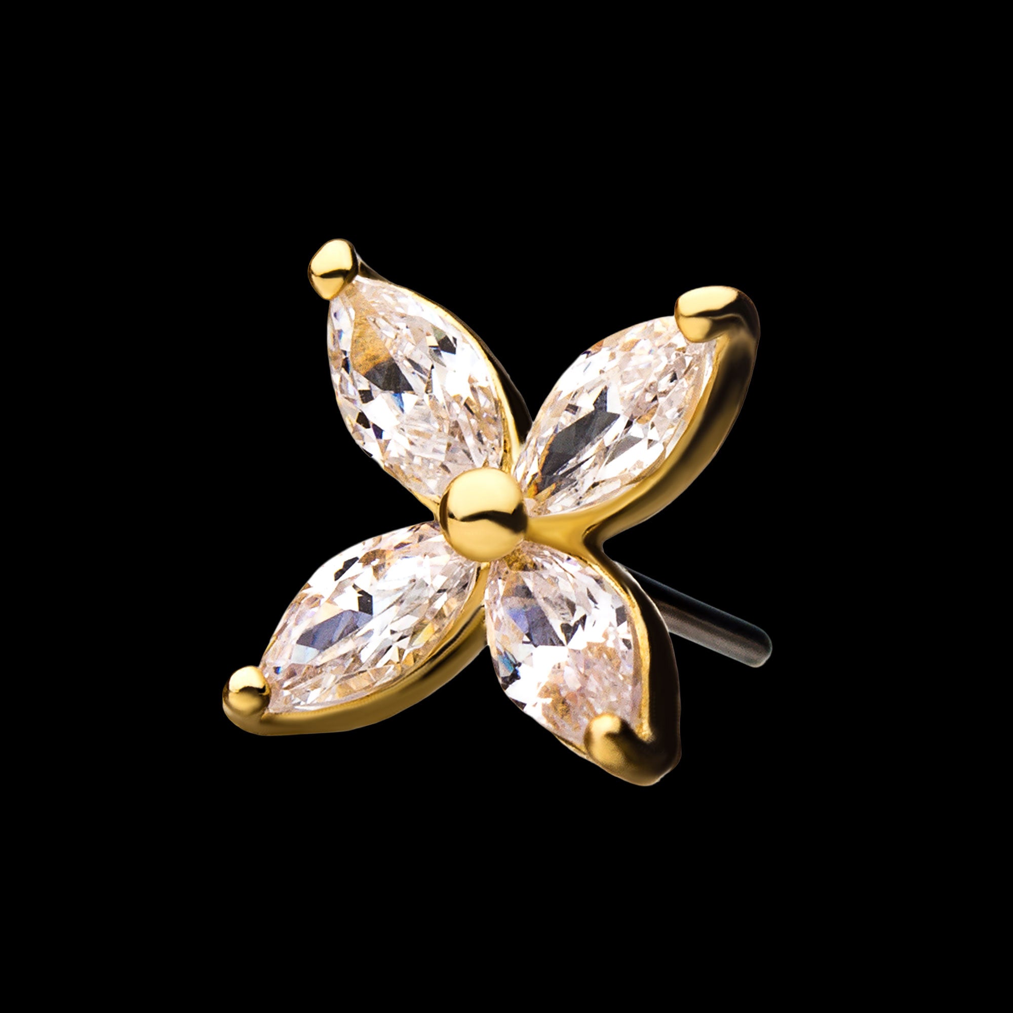 4-Clear Gem Flower Flatback Stud Earring / Nosering - Gem in 14Kt Yellow Gold