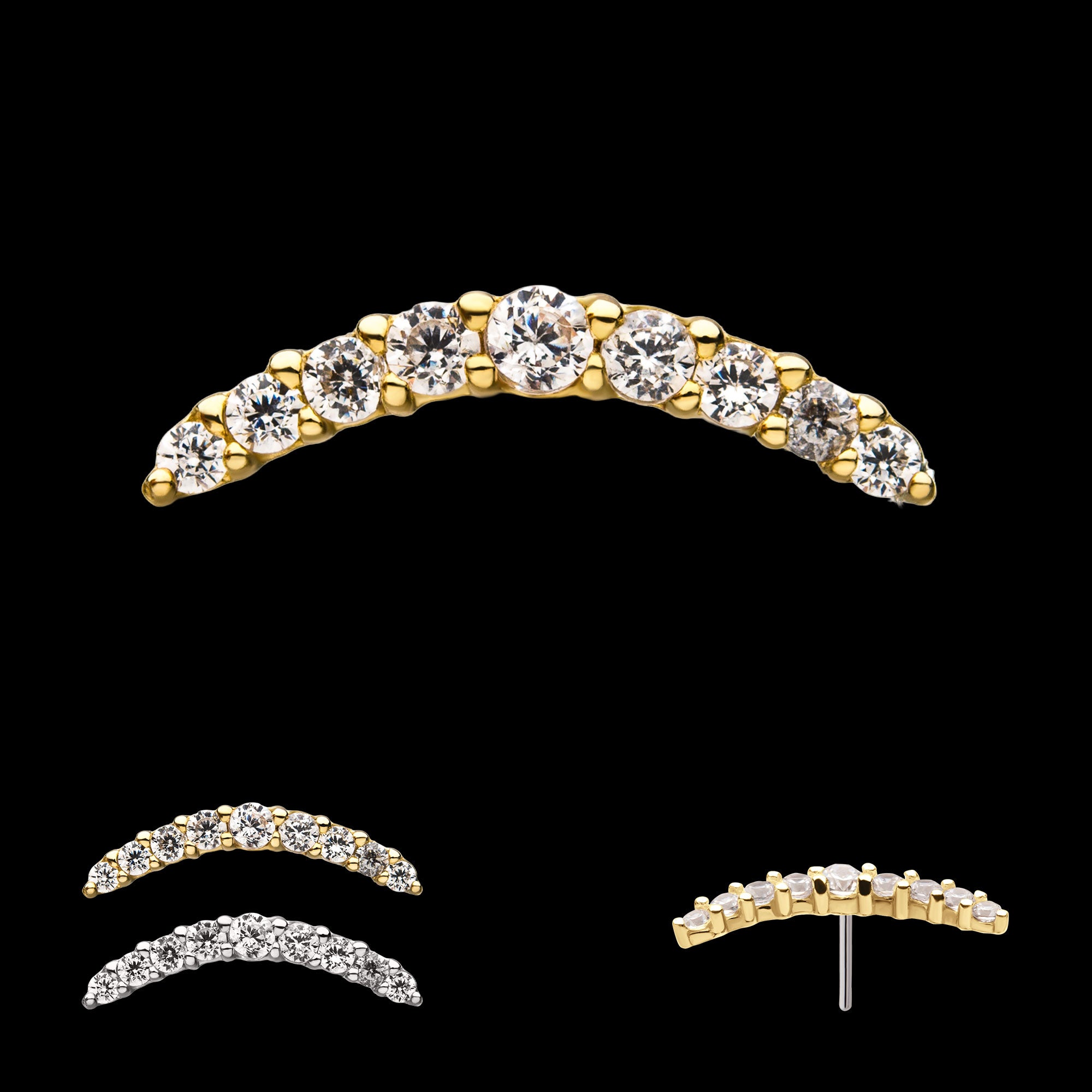 Curved Bar with 9 Prong Set Gem Cluster Flatback Stud Earring / Nosering - Gem in 14Kt Gold
