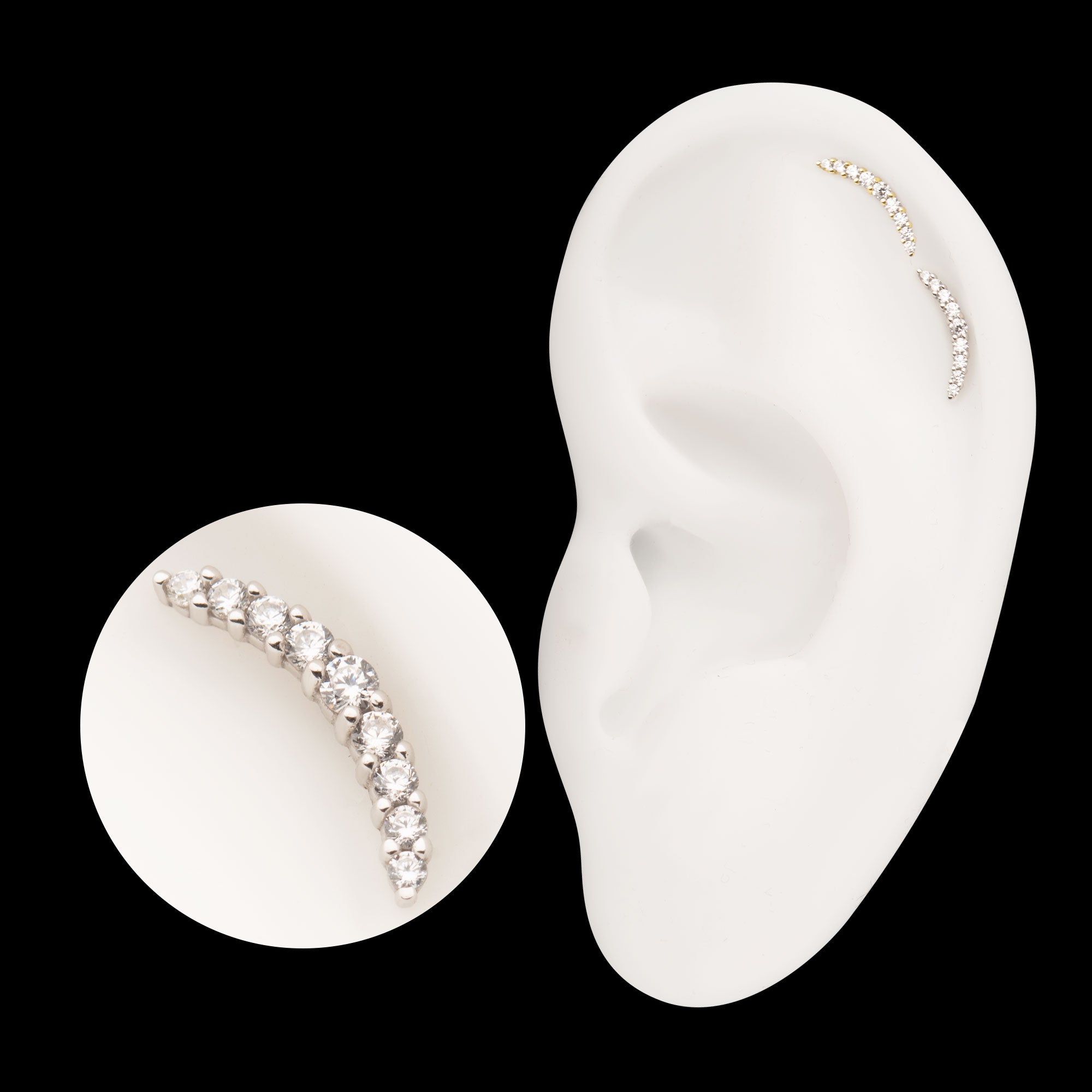 Curved Bar with 9 Prong Set Gem Cluster Flatback Stud Earring / Nosering - Gem in 14Kt Gold