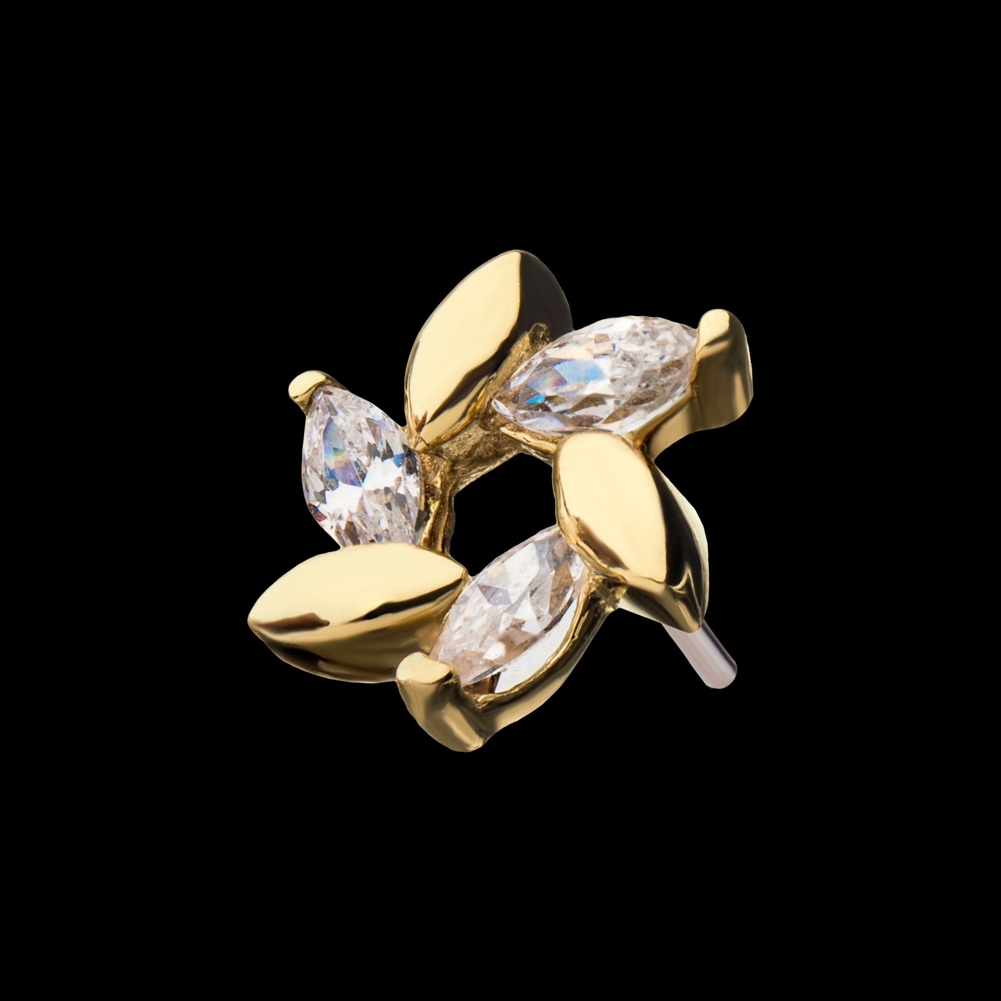 Wheat Shape 3-Clear Gem Flatback Stud Earring / Nosering - Gem in 14Kt Yellow Gold