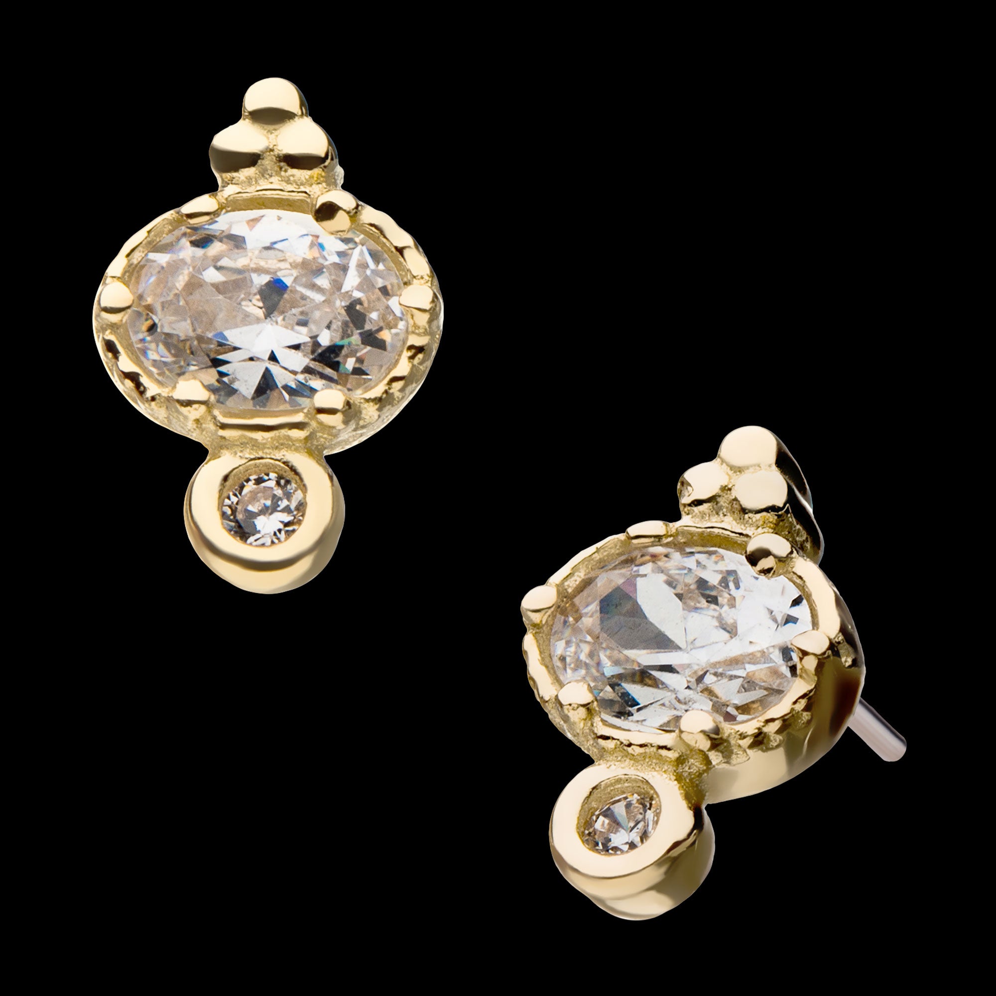 Big & Small Clear Gem & Tri-bead Flatback Stud Earring / Nosering - Gem in 14Kt Yellow Gold