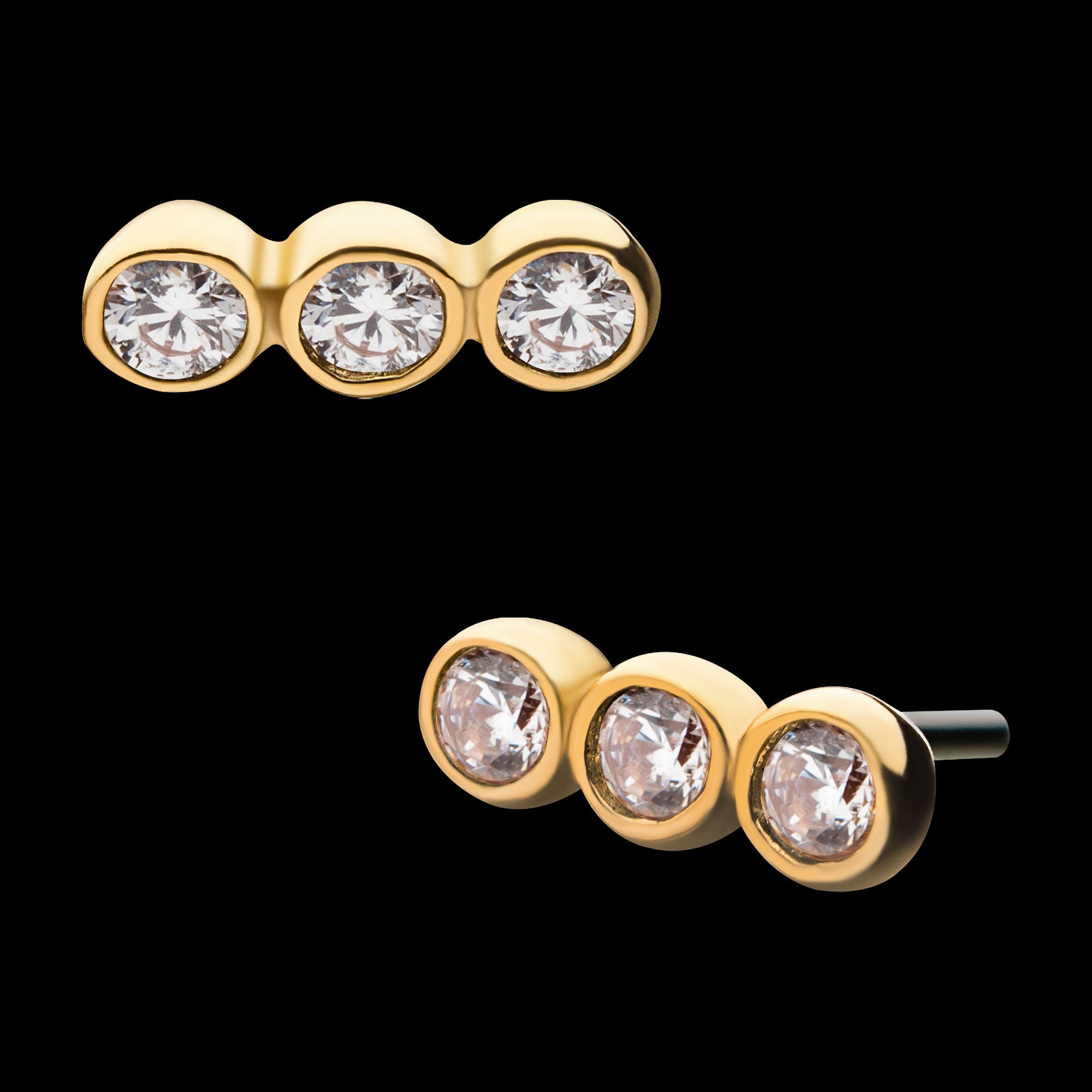 3 Bezel Clear CZ Flatback Stud Earring / Nosering - Clear CZ in 14Kt Yellow Gold