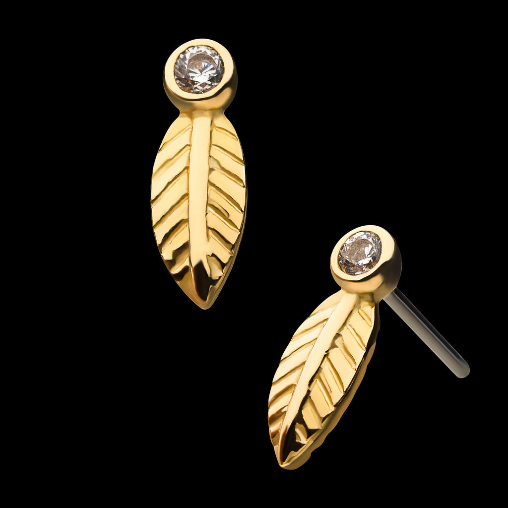 Bezel Set Gem Leaf Flatback Stud Earring / Nosering - Gem in 14Kt Yellow Gold