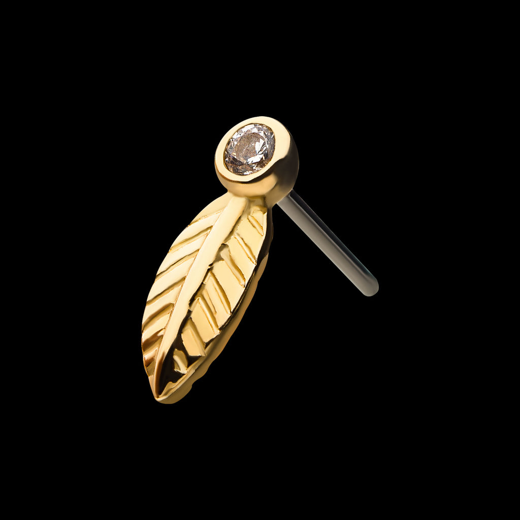 Bezel Set Gem Leaf Flatback Stud Earring / Nosering - Gem in 14Kt Yellow Gold
