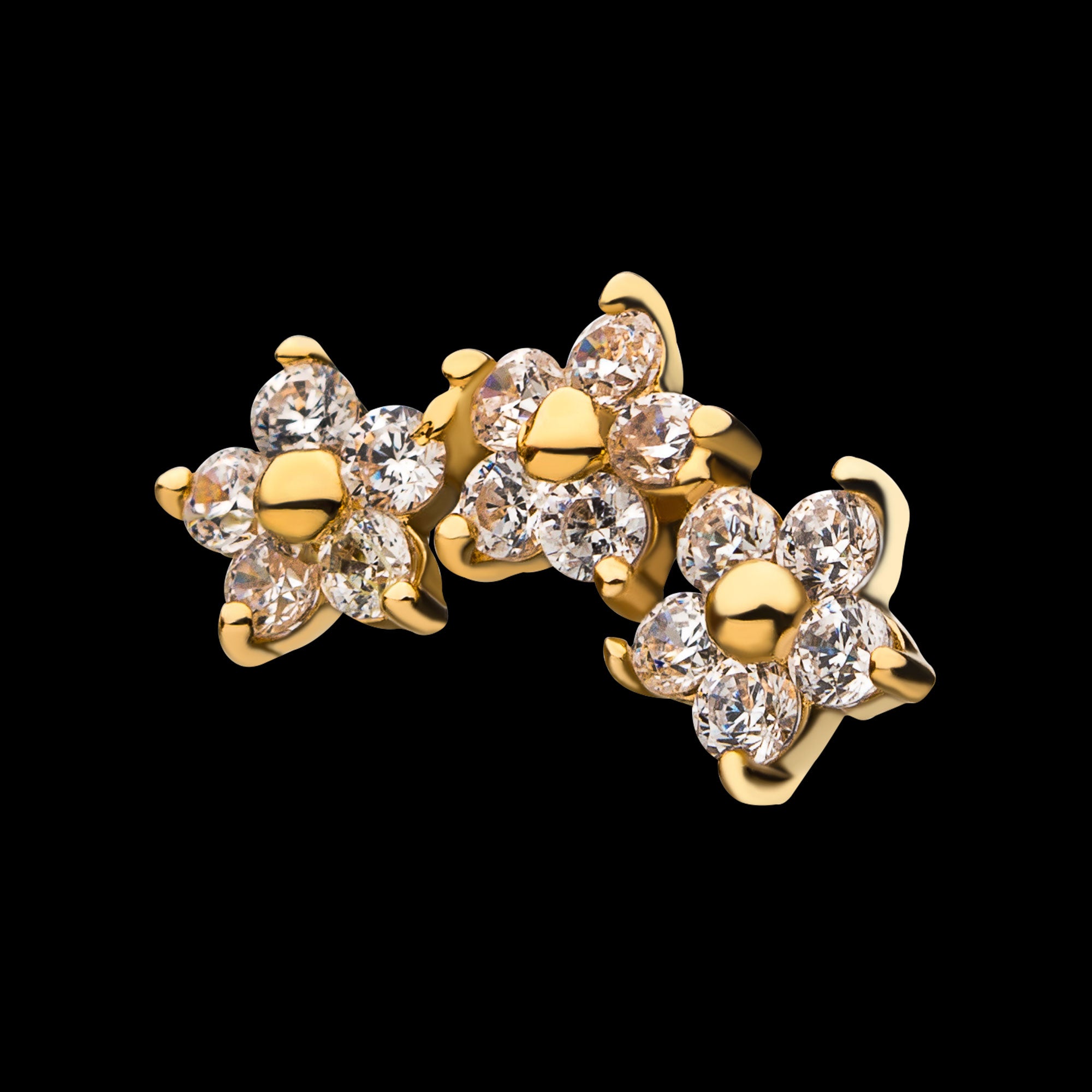 3-Curved Cluster Pronged Round CZ Flower Flatback Stud Earring / Nosering - CZ in 14Kt Yellow Gold