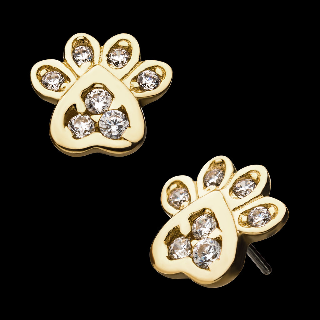 Dog Paw Clear CZ Flatback Stud Earring / Nosering - Clear CZ in 14Kt Yellow Gold