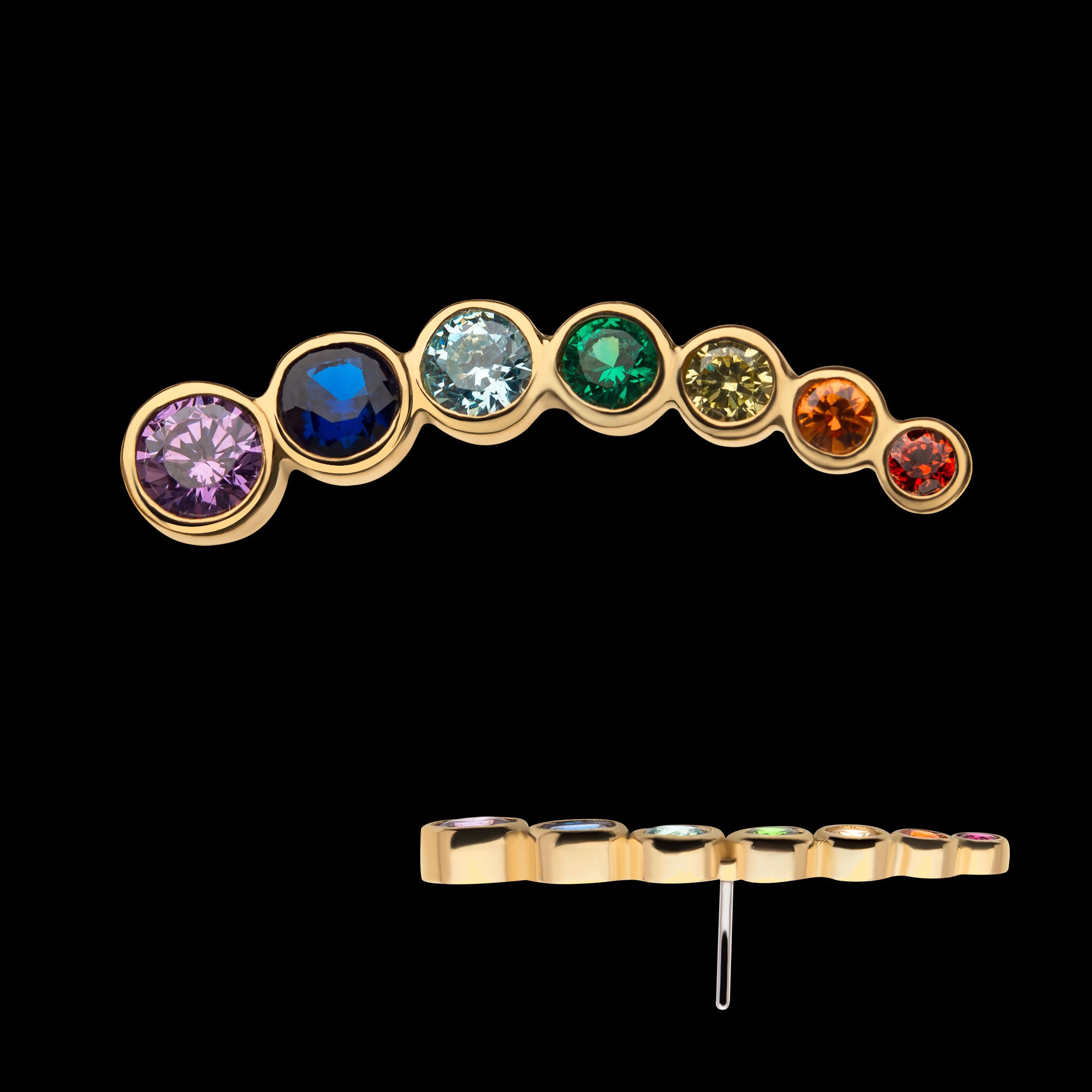 Bezel Set Rainbow CZ 7-Cluster (Left Ear) Flatback Stud Earring / Nosering - Rainbow CZ & CZ in 14Kt Yellow Gold