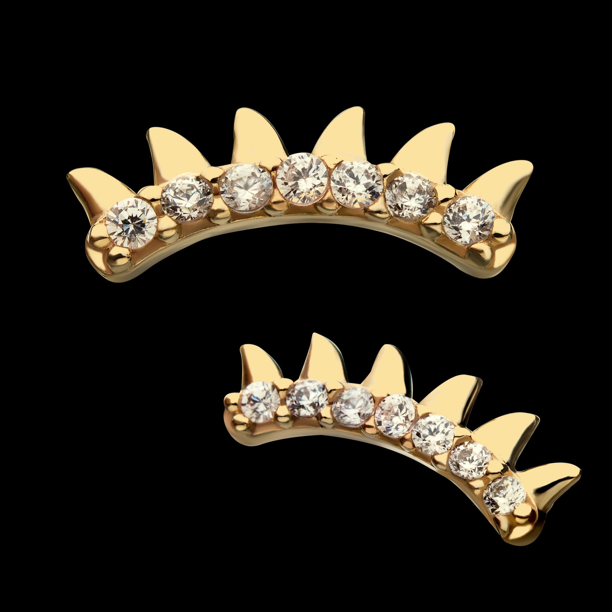 Petite Spike Strip with 1.3mm Clear CZ Gems on Curved Design Flatback Stud Earring / Nosering - Clear CZ in 14Kt Yellow Gold