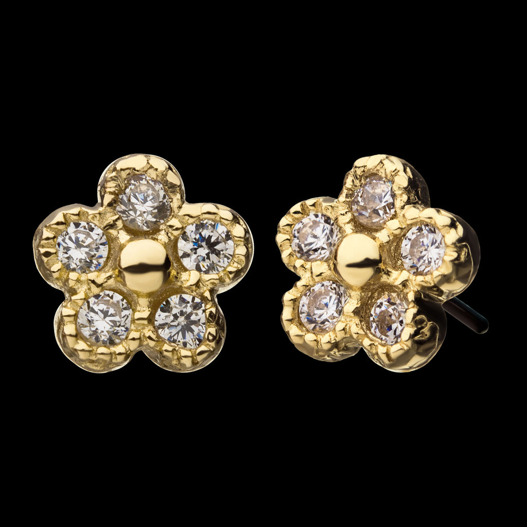CZ Five Petal Flower Flatback Stud Earring / Nosering - CZ in 14Kt Yellow Gold